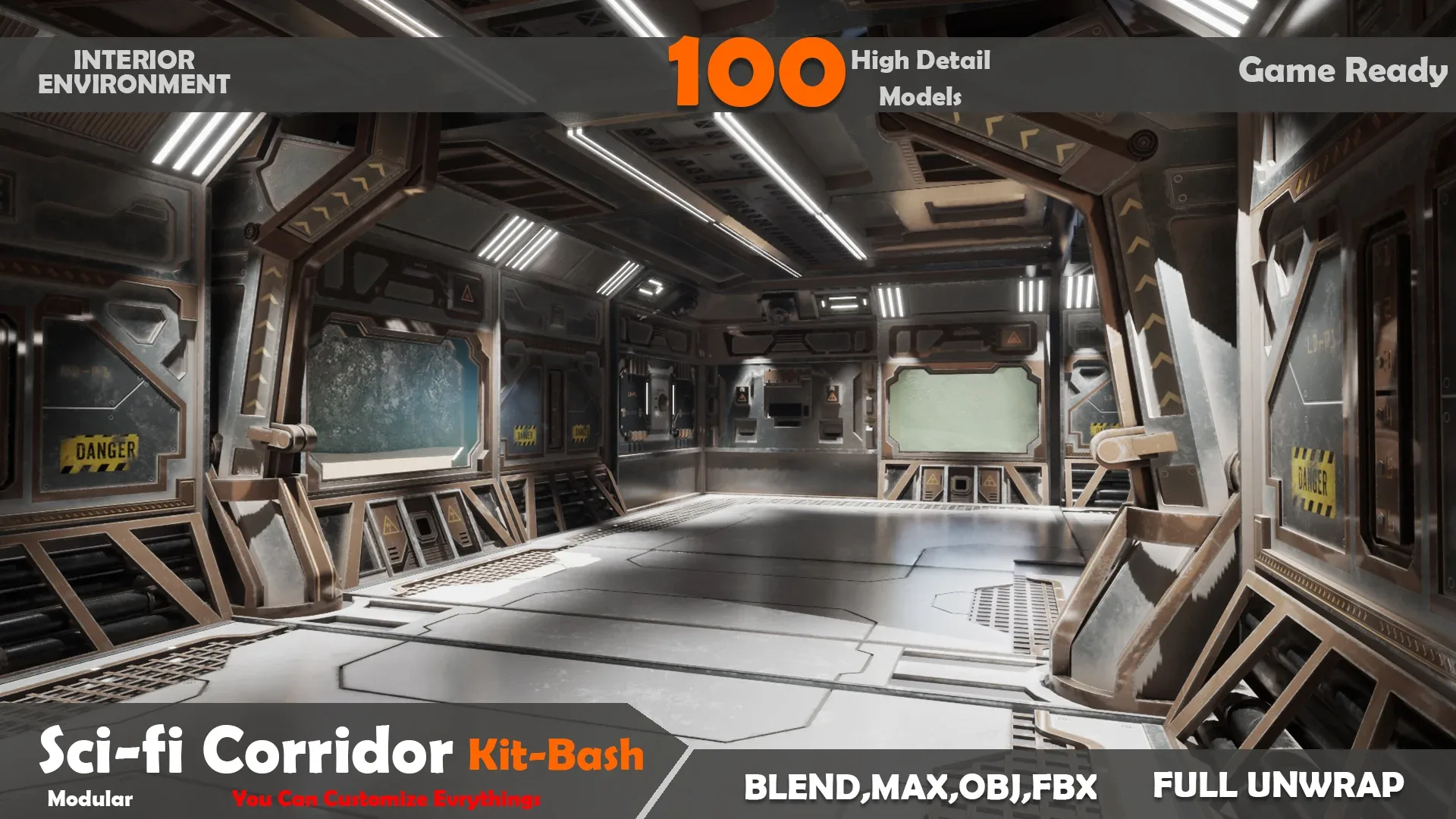 Sci-fi Interior Corridor Kitbash 100 High Detail Models