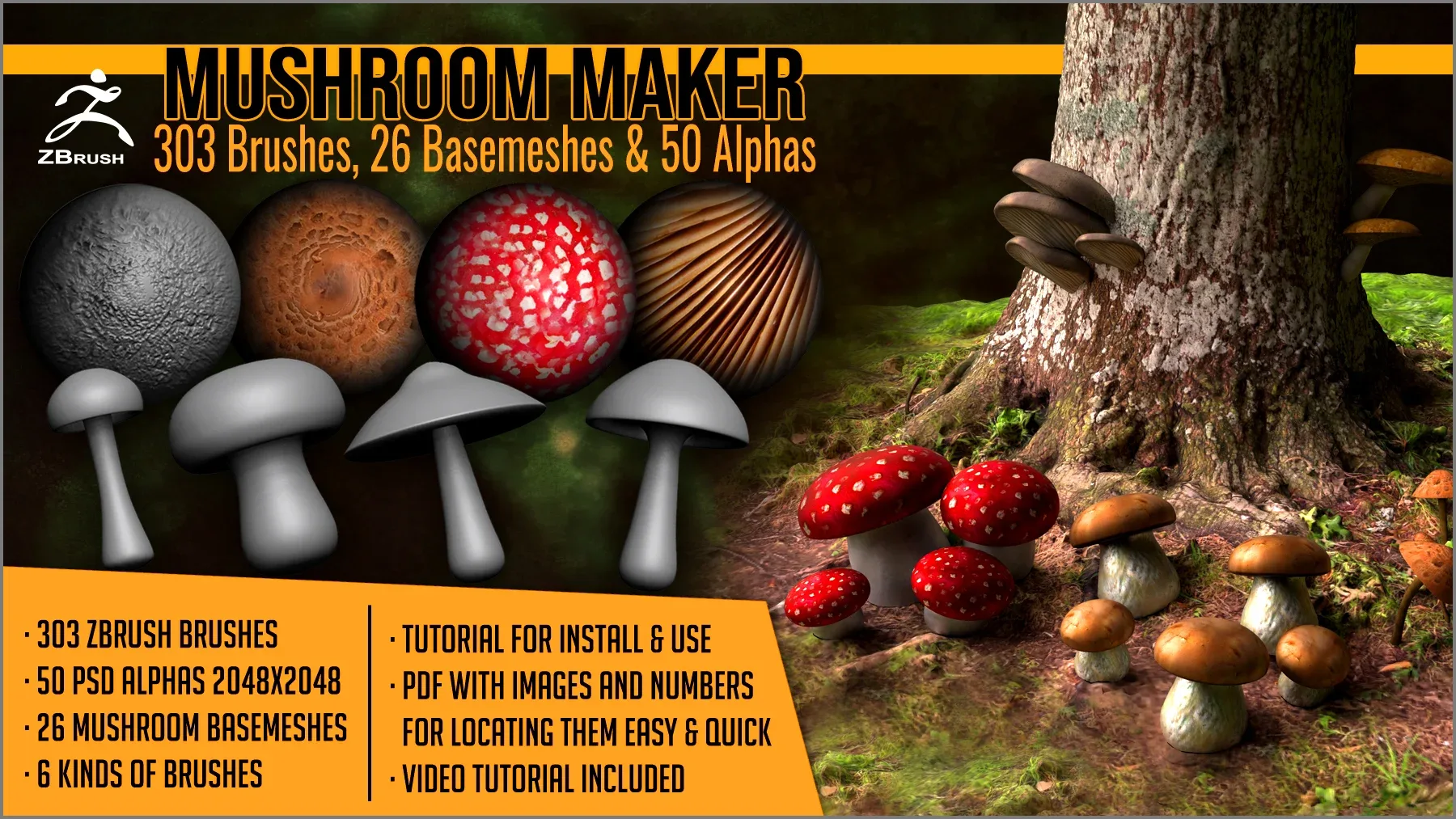 Mushroom Maker 303 ZBrush Brushes 26 Basemeshes and 50 Alphas