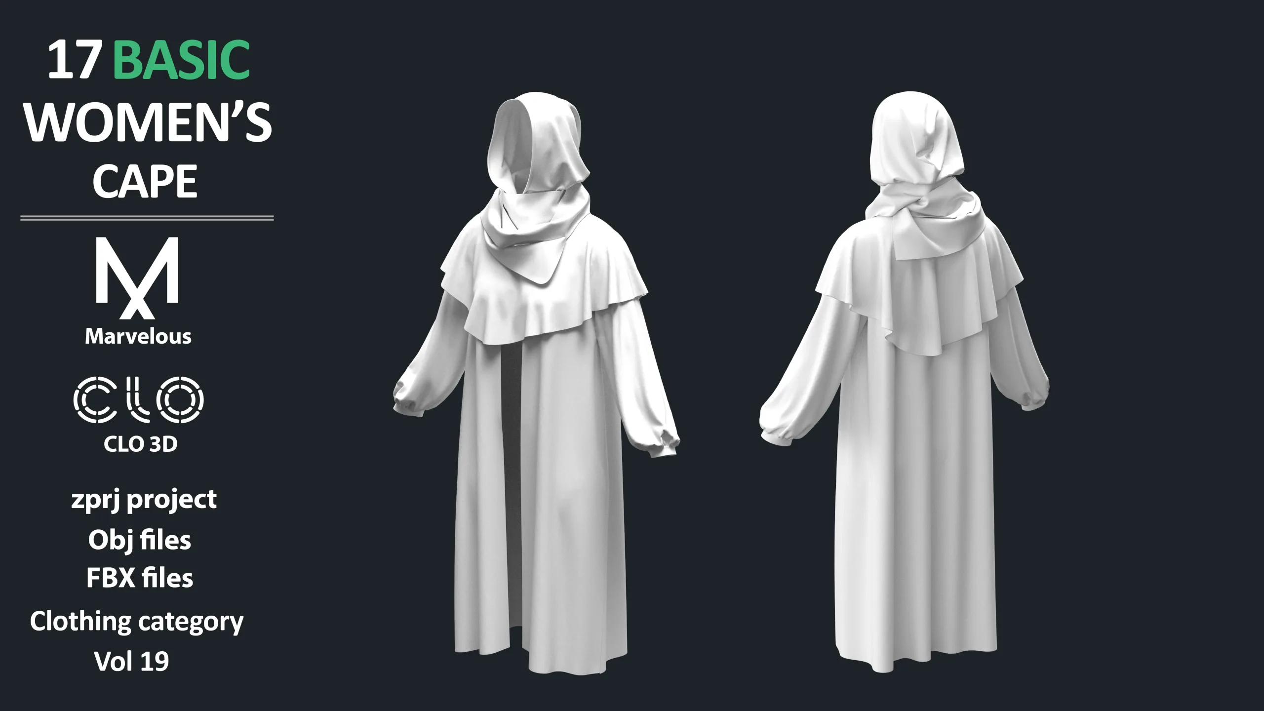 17 BASIC WOMEN'S CAPES / ZPRJ + OBJ + FBX / Marvelous + Clo3d