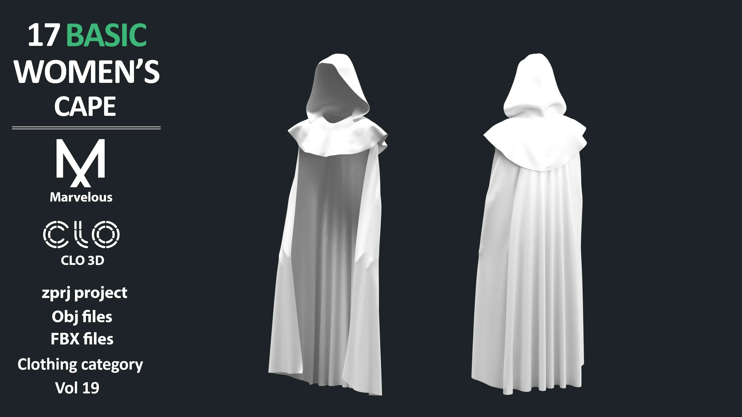 17 BASIC WOMEN'S CAPES / ZPRJ + OBJ + FBX / Marvelous + Clo3d