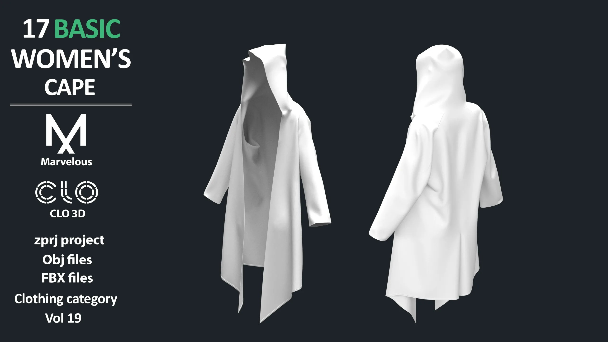 17 BASIC WOMEN'S CAPES / ZPRJ + OBJ + FBX / Marvelous + Clo3d