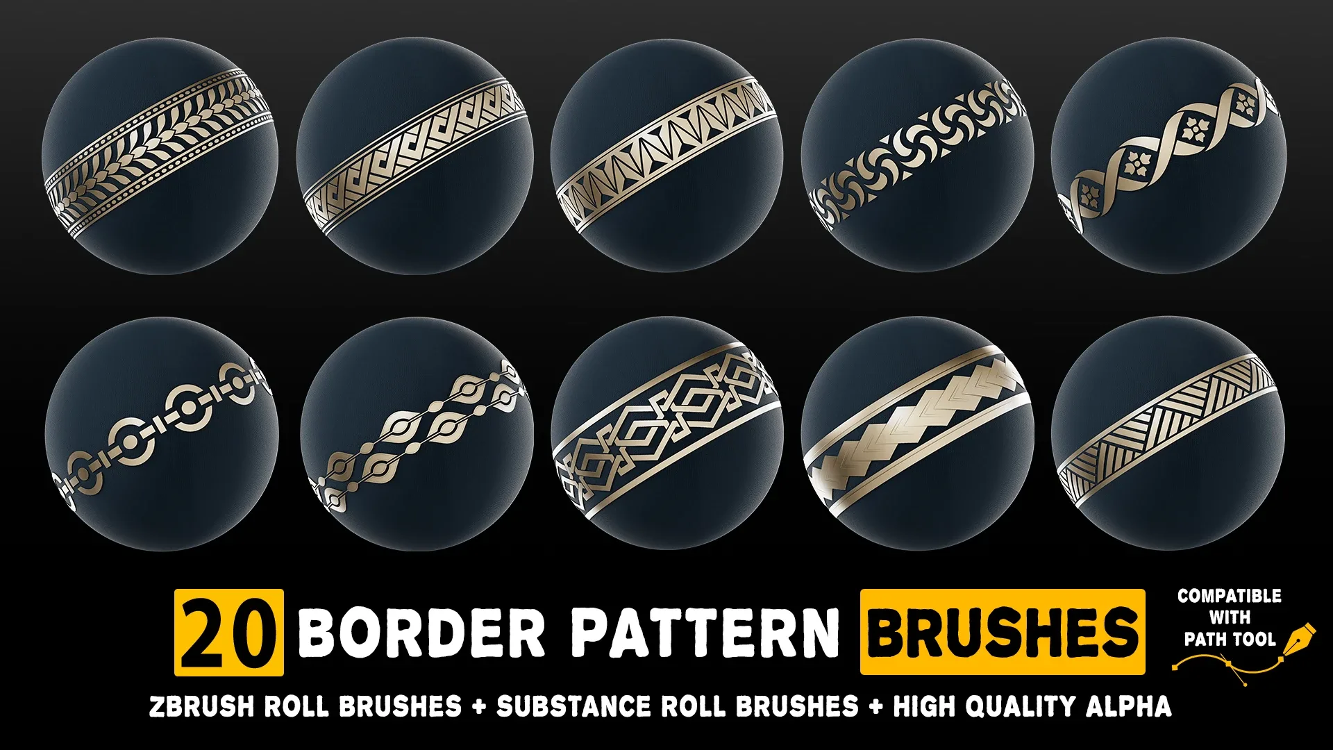 20 Border Pattern Brushes for Substance Painter and Zbrush