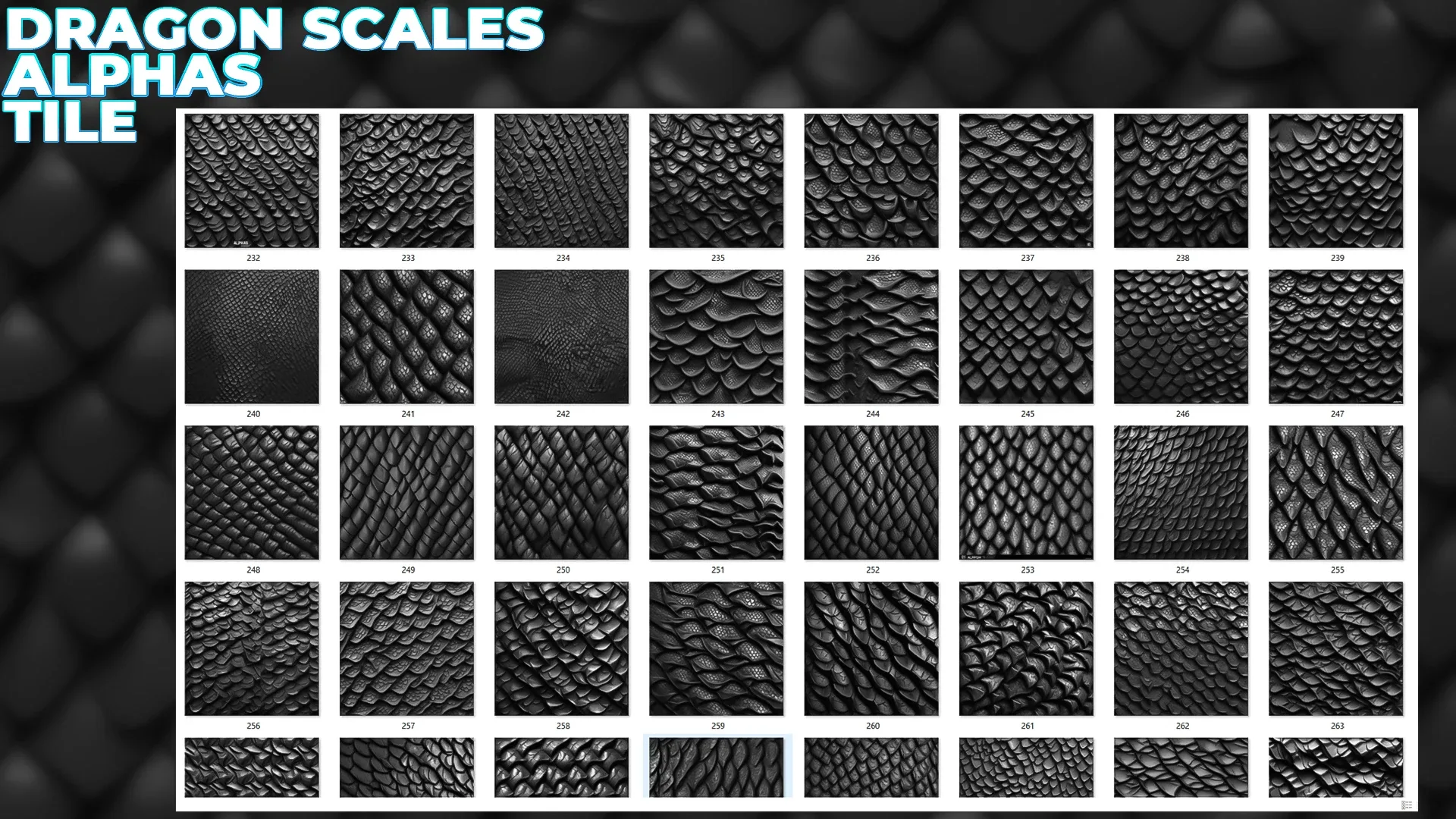 450+ Dragon Scales Alphas for ZBrush, Blender, Mari (30 tile alphas) vol.7