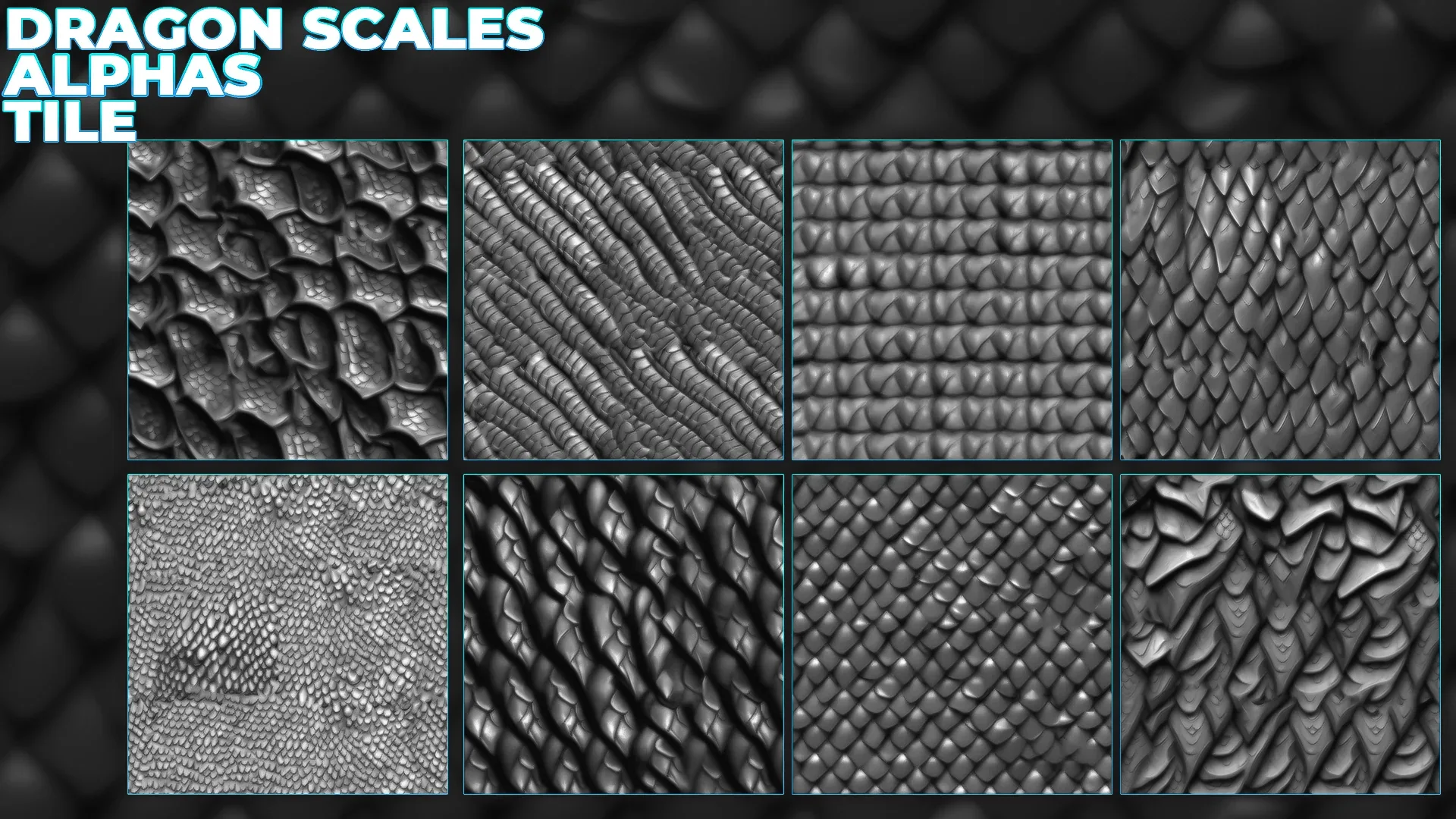 450+ Dragon Scales Alphas for ZBrush, Blender, Mari (30 tile alphas) vol.7