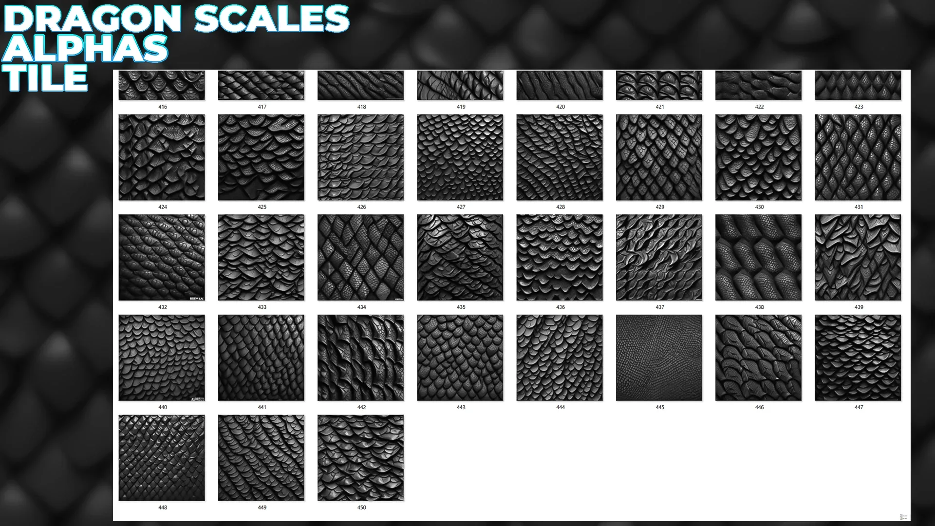 450+ Dragon Scales Alphas for ZBrush, Blender, Mari (30 tile alphas) vol.7