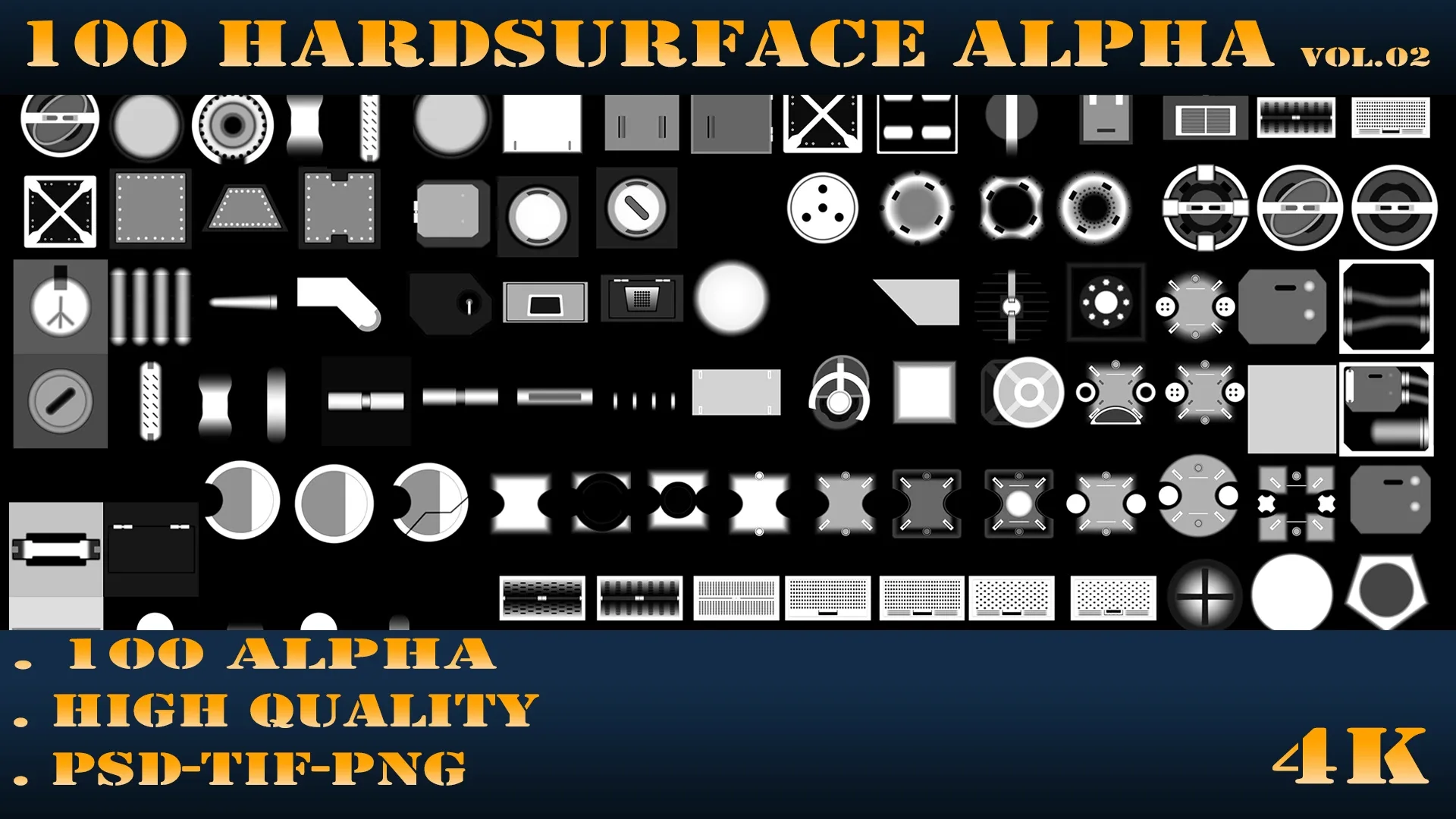 100 Hardsurface Alpha Vol.02 +PSD+TIF+PNG+4K+Model