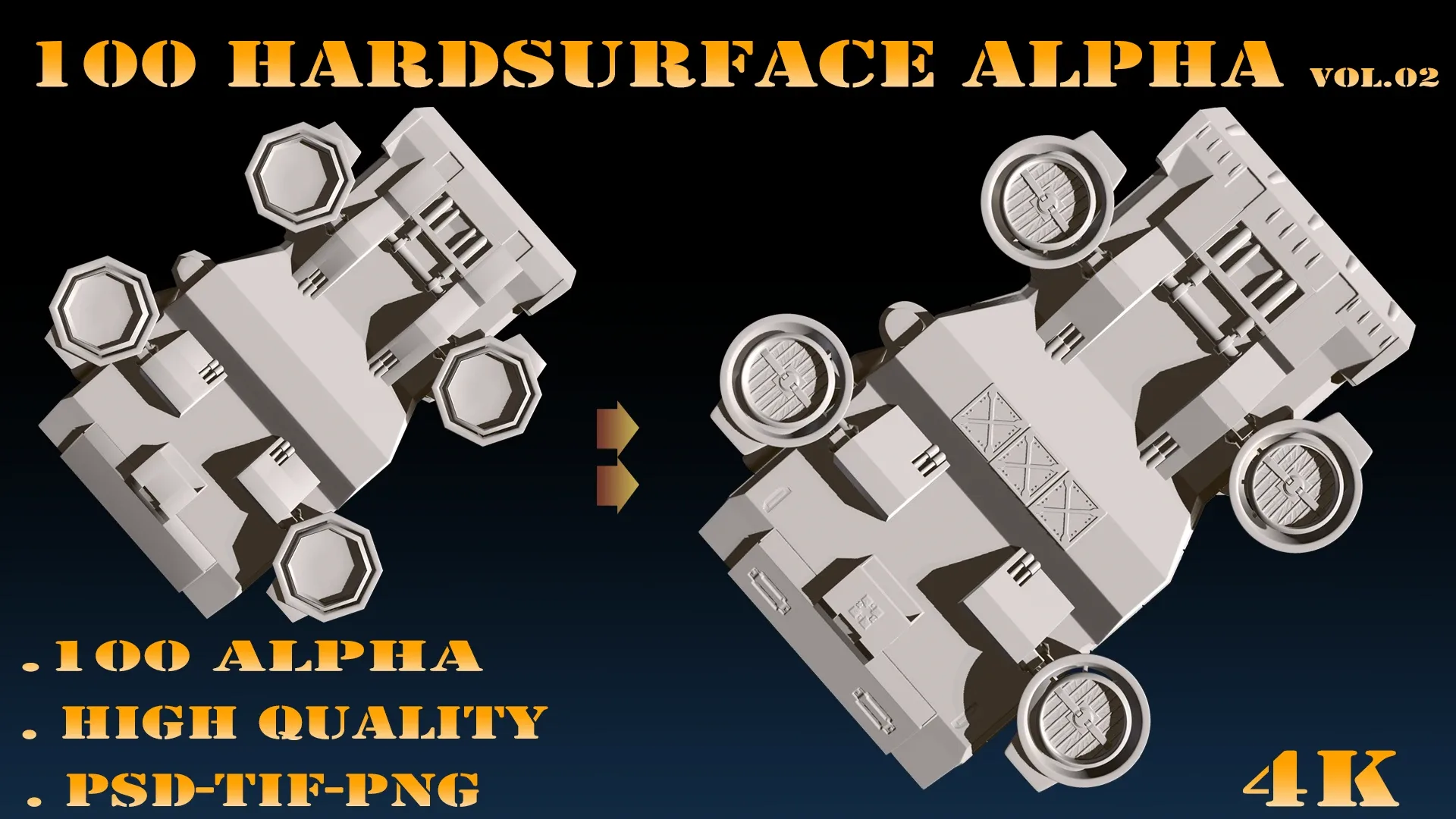 100 Hardsurface Alpha Vol.02 +PSD+TIF+PNG+4K+Model