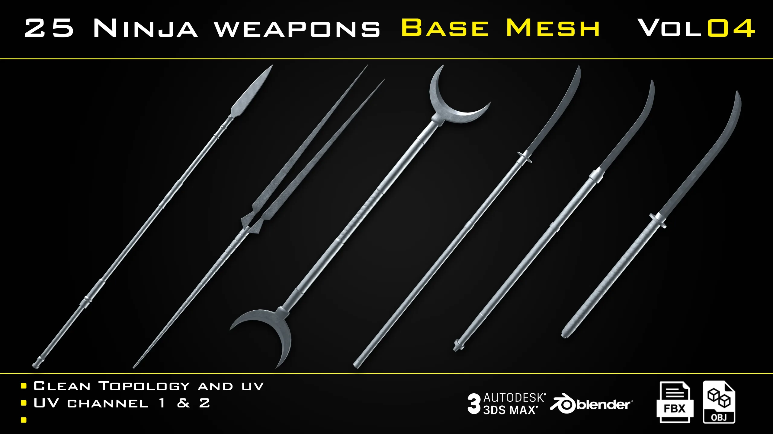 25 Ninja Weapons - BASE MESH - VOL04 (Game ready)