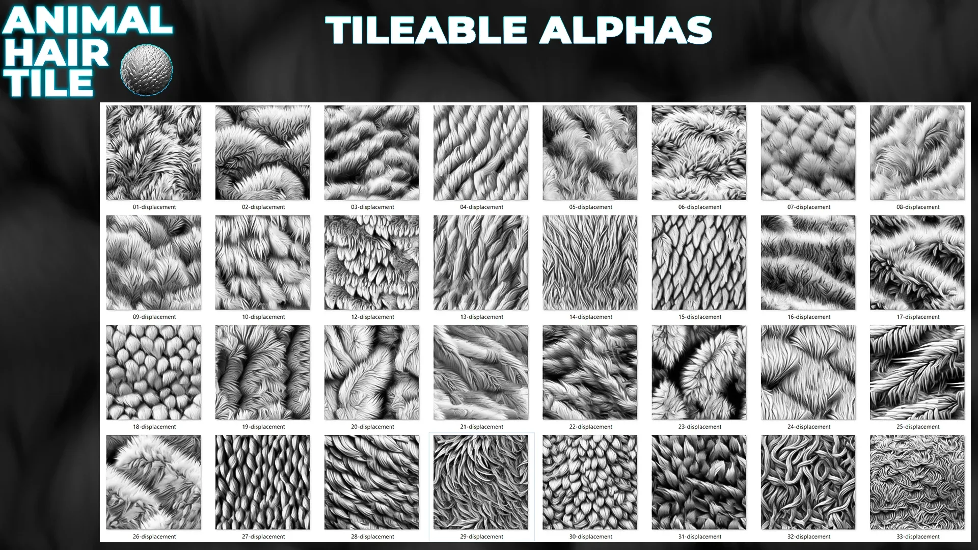 450+ Animals Hair & Fur Alphas (Displacement Maps) for ZBrush, Blender, Substance Painter vol.10