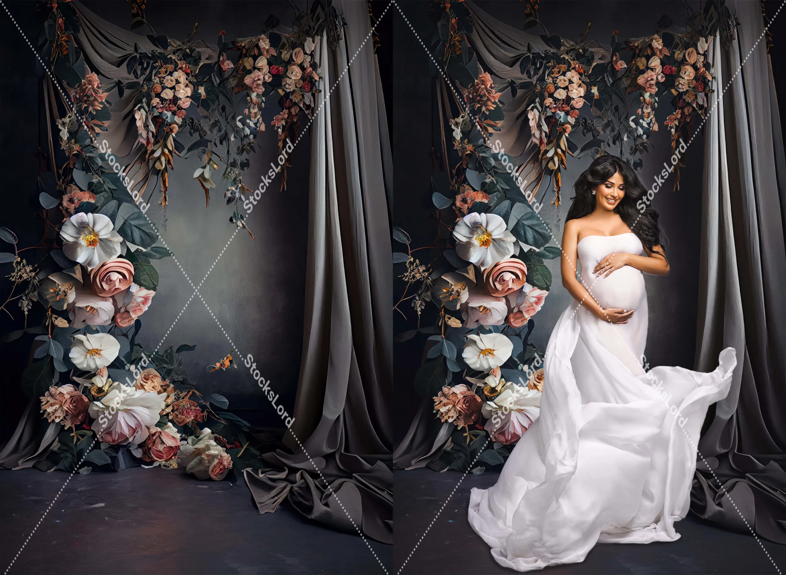 Dark Hanging Floral Halo Ring and Wall Decorated with Silk Curtains