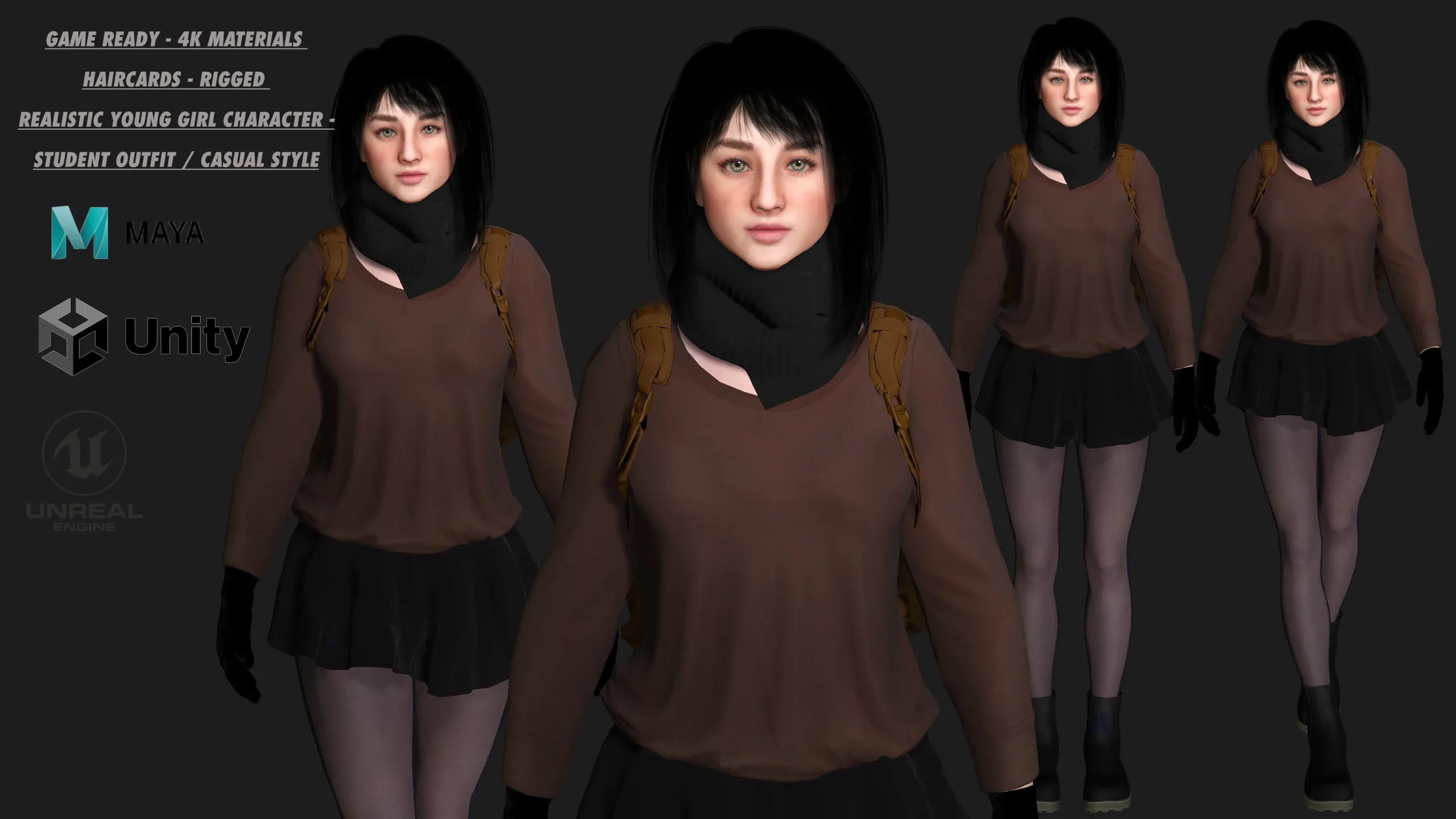 AAA 3D REALISTIC YOUNG GIRL CHARACTER - SCHOOL CASUAL OUTFIT