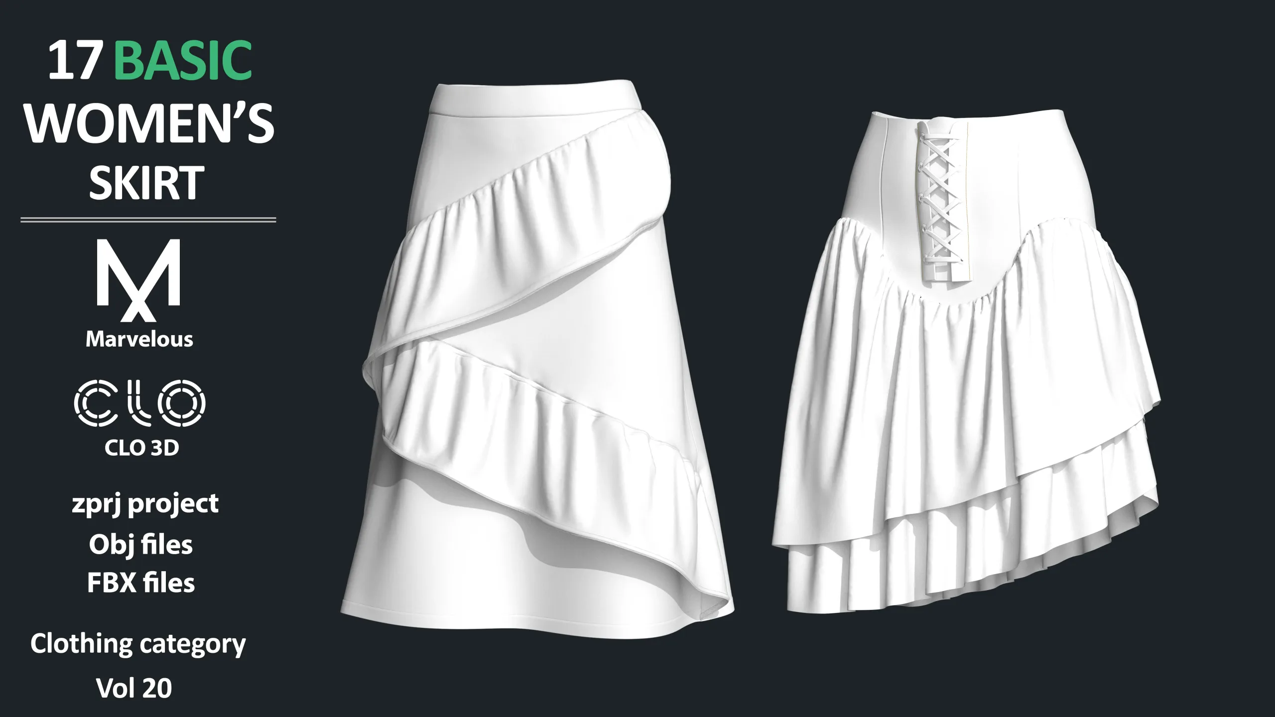 17 BASIC WOMEN'S SKIRTS / ZPRJ + OBJ + FBX / Marvelous + Clo3d