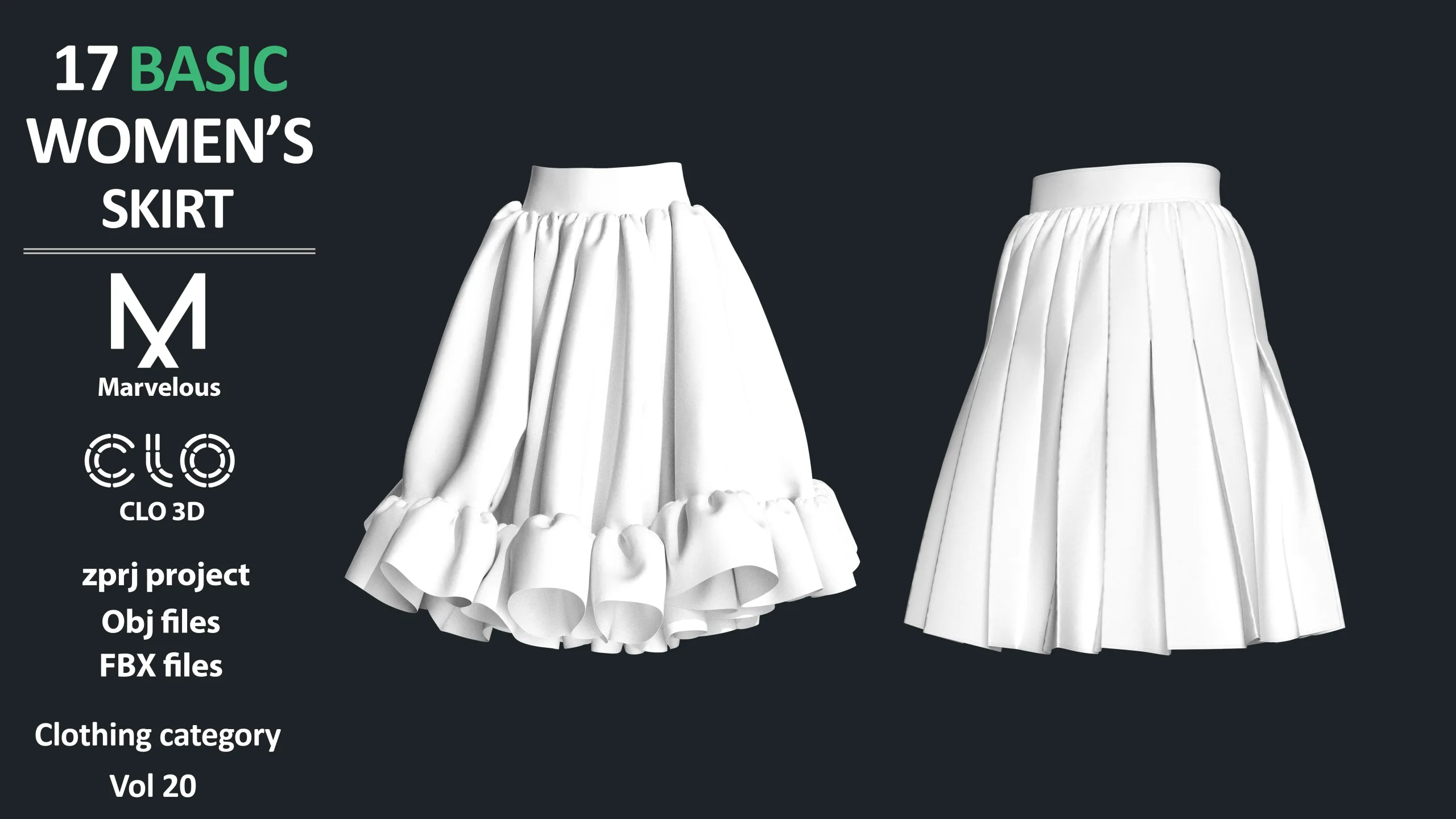 17 BASIC WOMEN'S SKIRTS / ZPRJ + OBJ + FBX / Marvelous + Clo3d