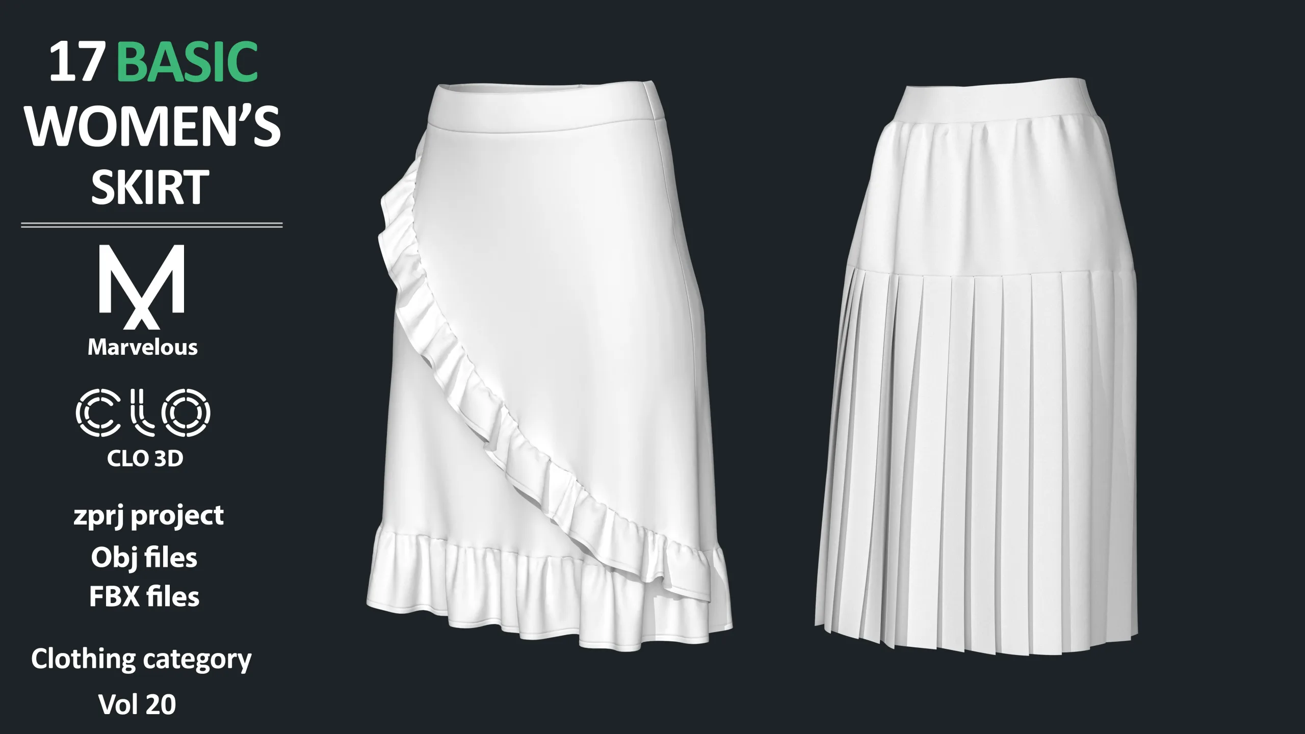 17 BASIC WOMEN'S SKIRTS / ZPRJ + OBJ + FBX / Marvelous + Clo3d