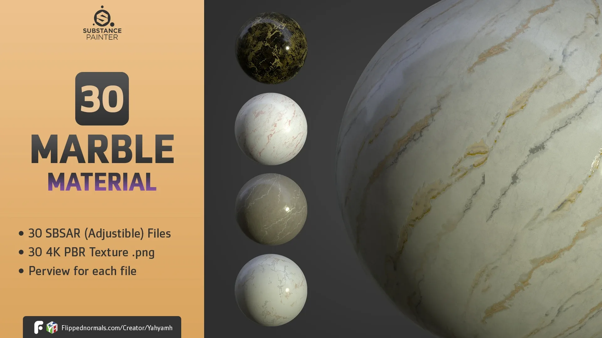30 Marble Materials (SBSAR, 4K PBR Texture)