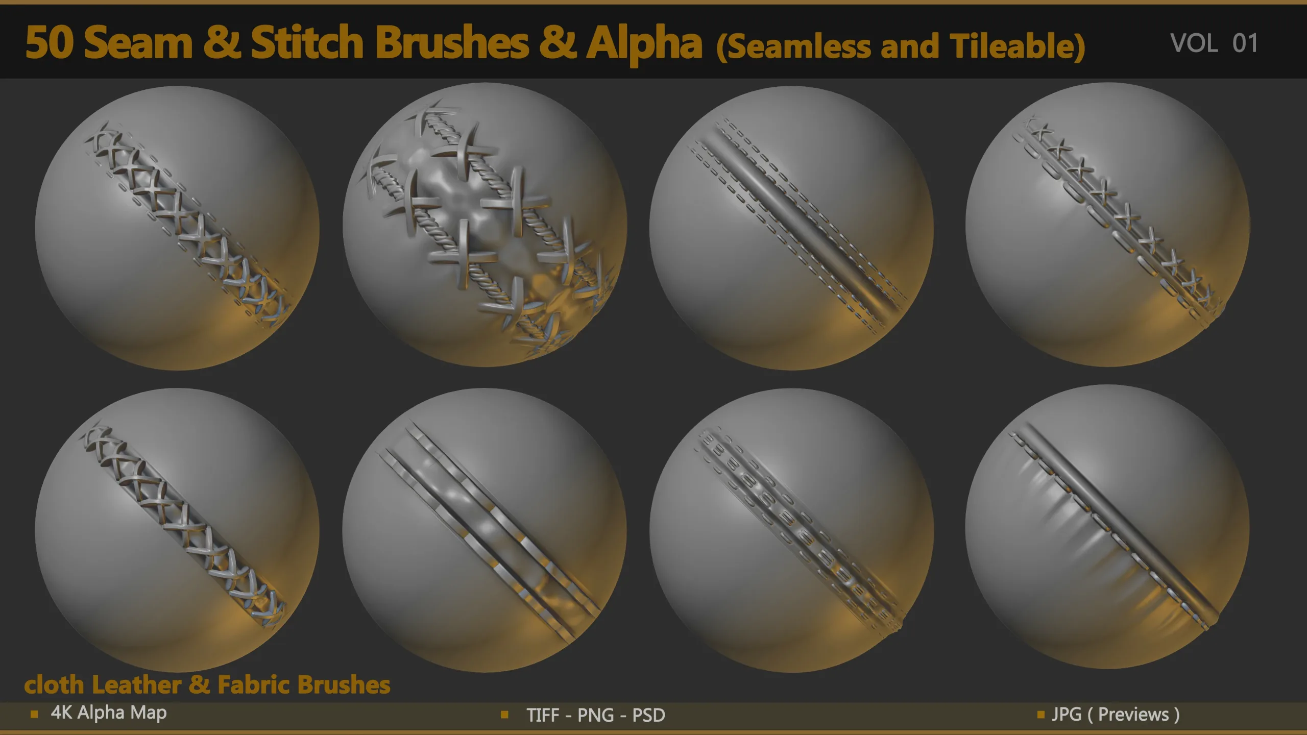 50 Seam & Stitch Brushes & Alpha ( Tileable 4K - 16 bit )