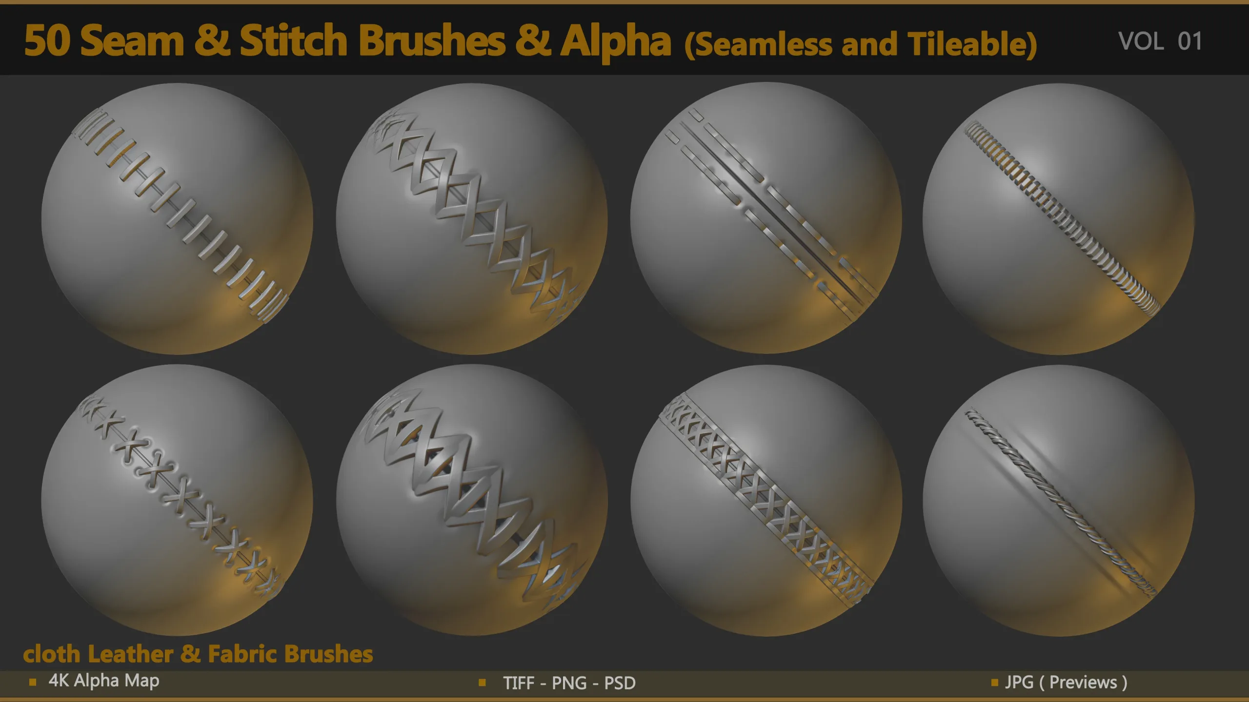 50 Seam & Stitch Brushes & Alpha ( Tileable 4K - 16 bit )