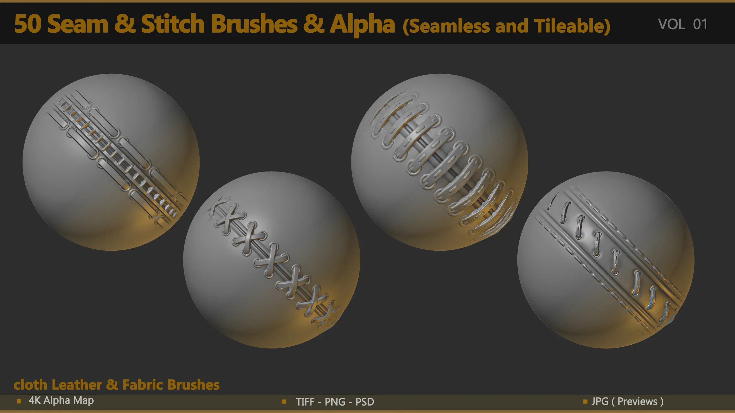 50 Seam & Stitch Brushes & Alpha ( Tileable 4K - 16 bit )