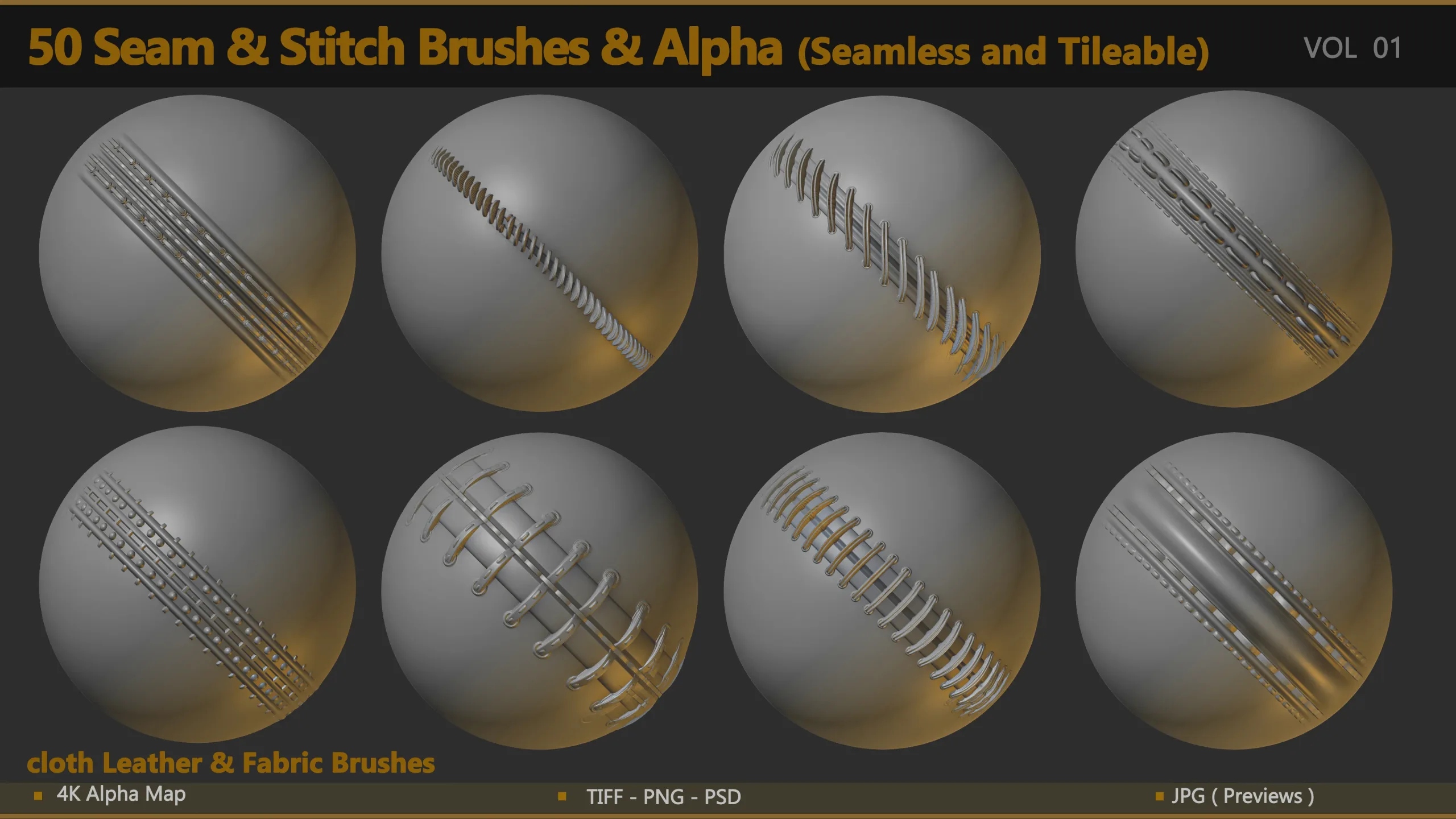 50 Seam & Stitch Brushes & Alpha ( Tileable 4K - 16 bit )