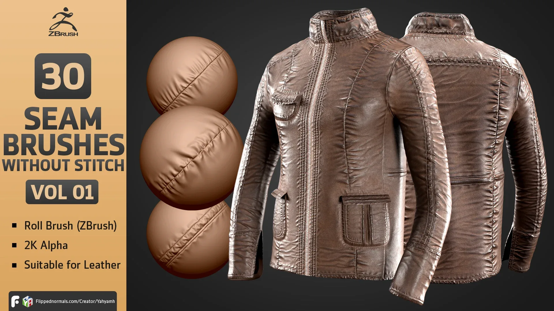 30 Seam Brushes Without Stitch (2K Alpha + ZBrush Roll Brush) - Leather Essential Pack VOL 01