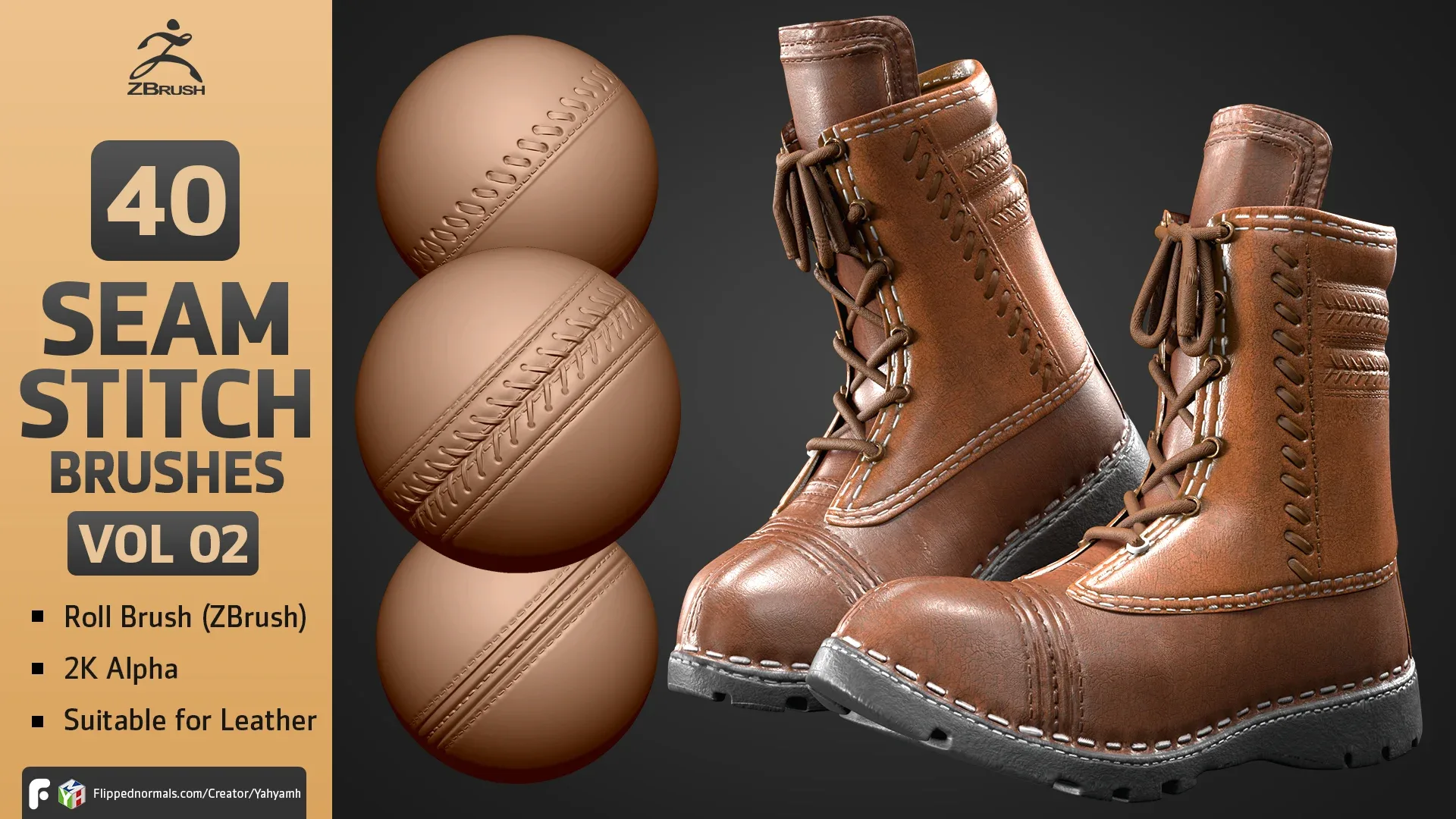 40 Seam, Stitch Alpha/Brush (2K Alpha + ZBrush Roll Brush) - Leather Essential Pack VOL 02