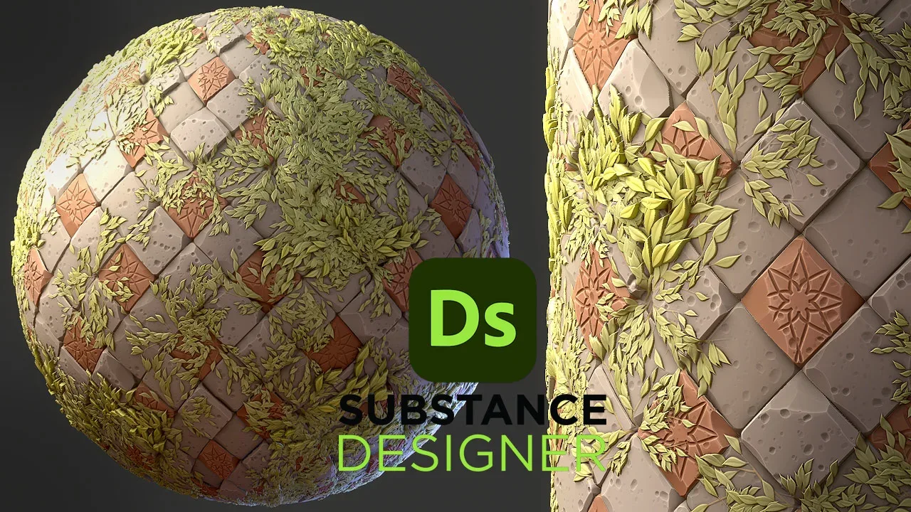 Stylized Old Tile with Foliage - Substance 3D Designer + Sbsar File