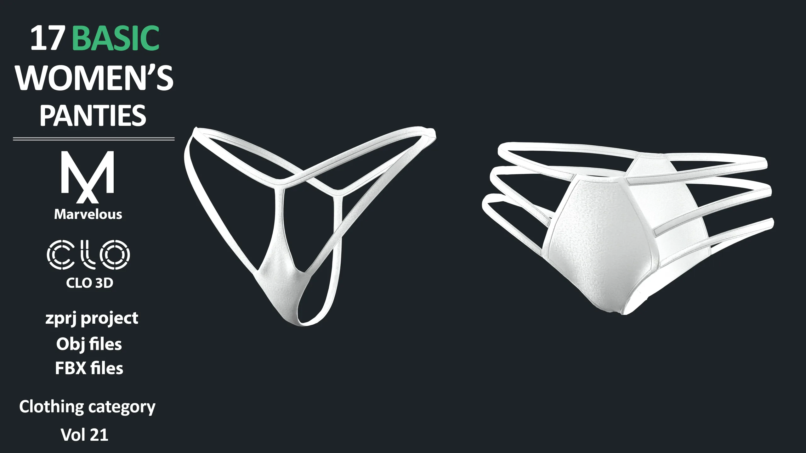 17 BASIC WOMEN'S PANTIES / ZPRJ + OBJ + FBX / Marvelous + Clo3d
