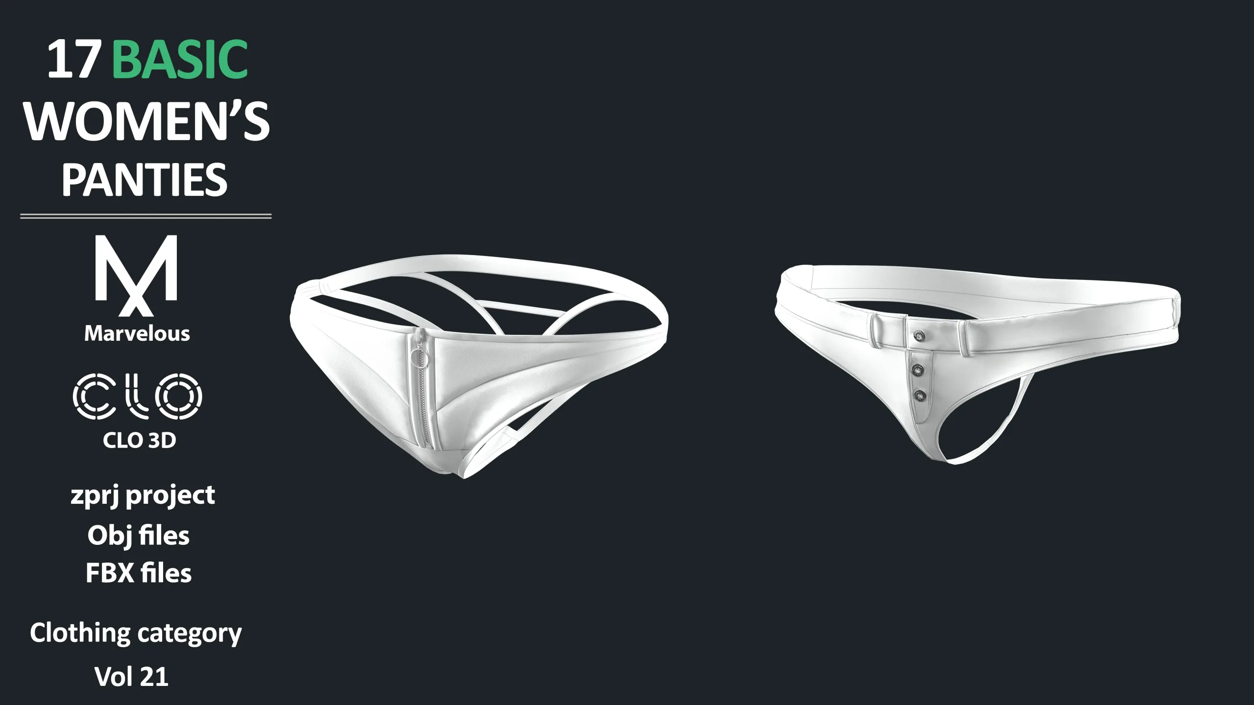 17 BASIC WOMEN'S PANTIES / ZPRJ + OBJ + FBX / Marvelous + Clo3d