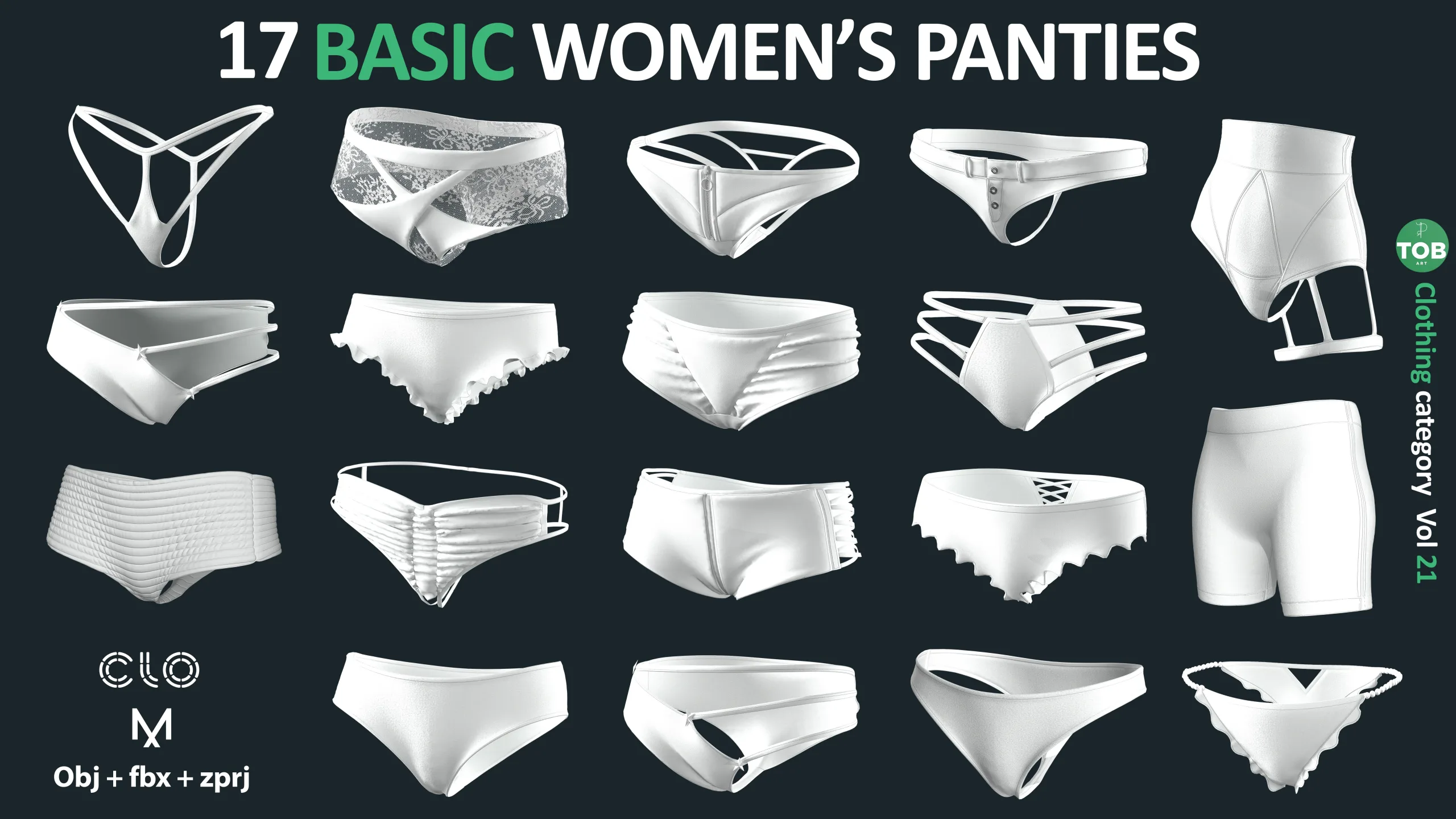 17 BASIC WOMEN'S PANTIES / ZPRJ + OBJ + FBX / Marvelous + Clo3d