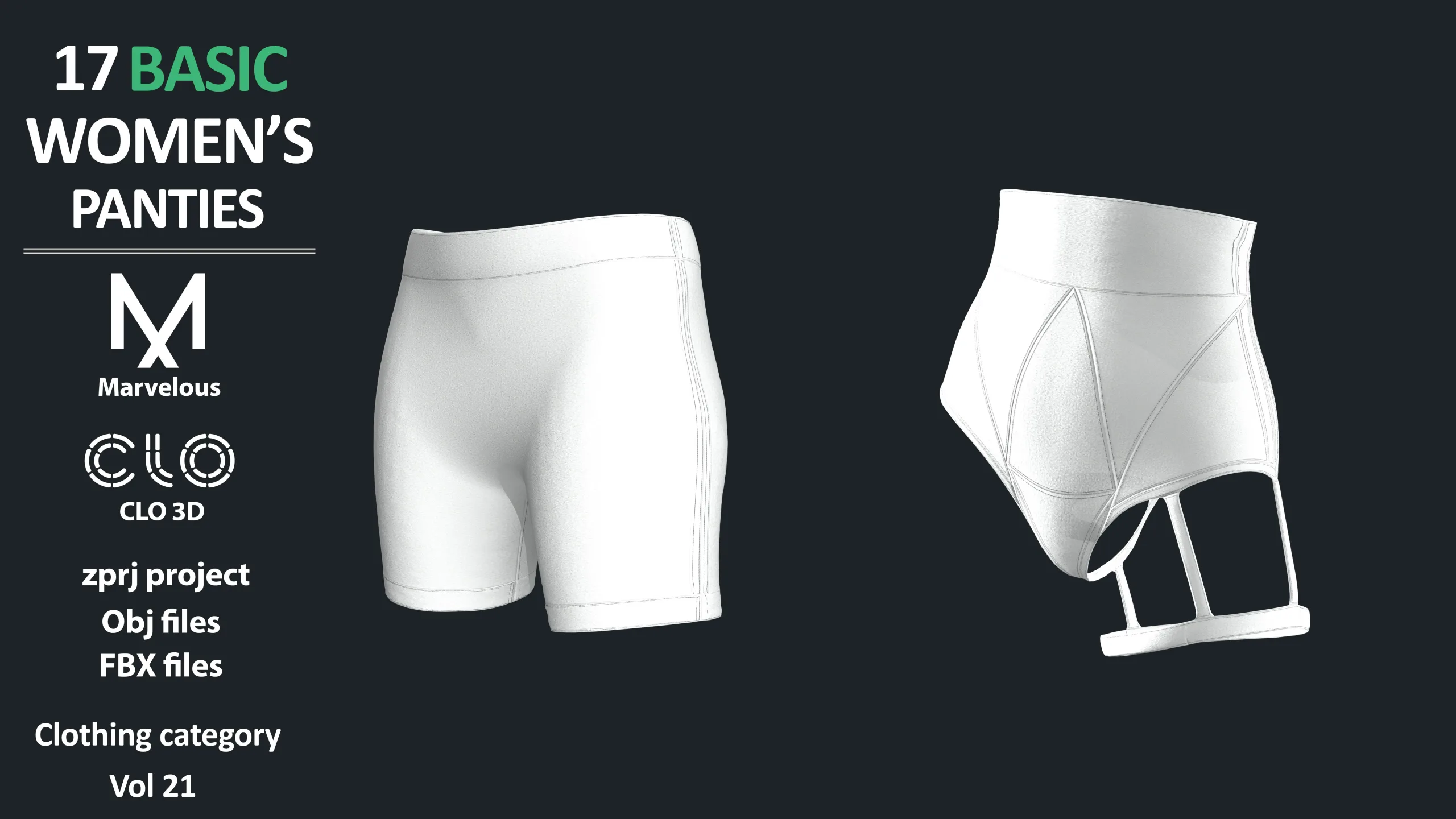 17 BASIC WOMEN'S PANTIES / ZPRJ + OBJ + FBX / Marvelous + Clo3d