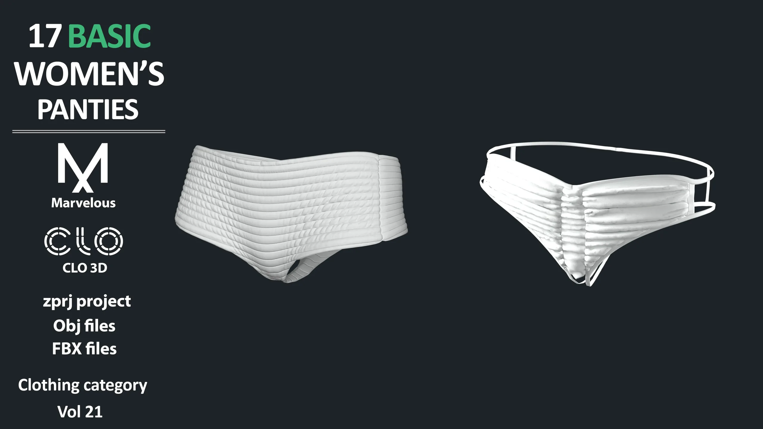 17 BASIC WOMEN'S PANTIES / ZPRJ + OBJ + FBX / Marvelous + Clo3d