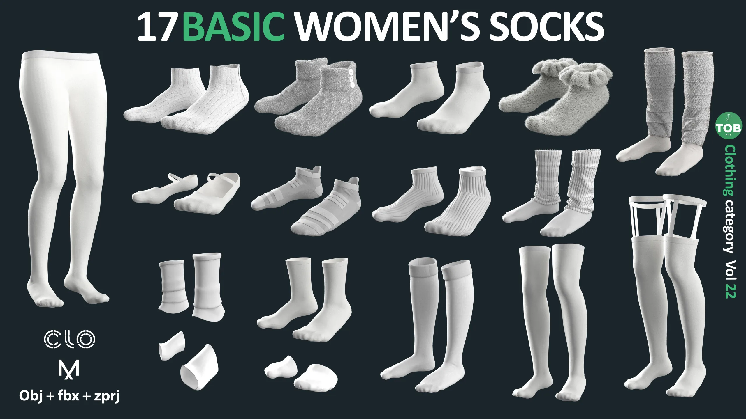 17 BASIC WOMEN'S SOCKS / ZPRJ + OBJ + FBX / Marvelous + Clo3D