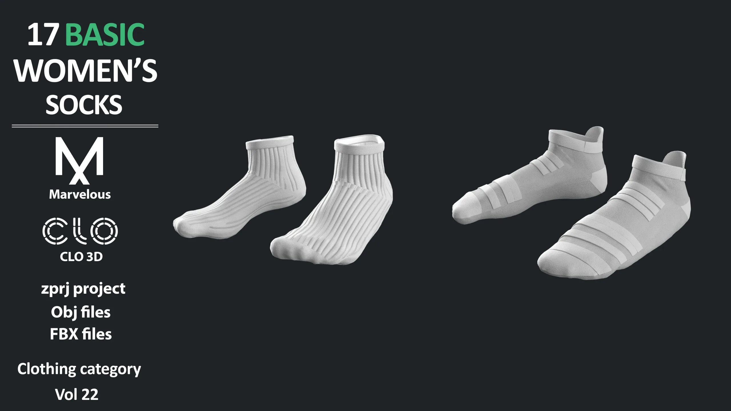 17 BASIC WOMEN'S SOCKS / ZPRJ + OBJ + FBX / Marvelous + Clo3D