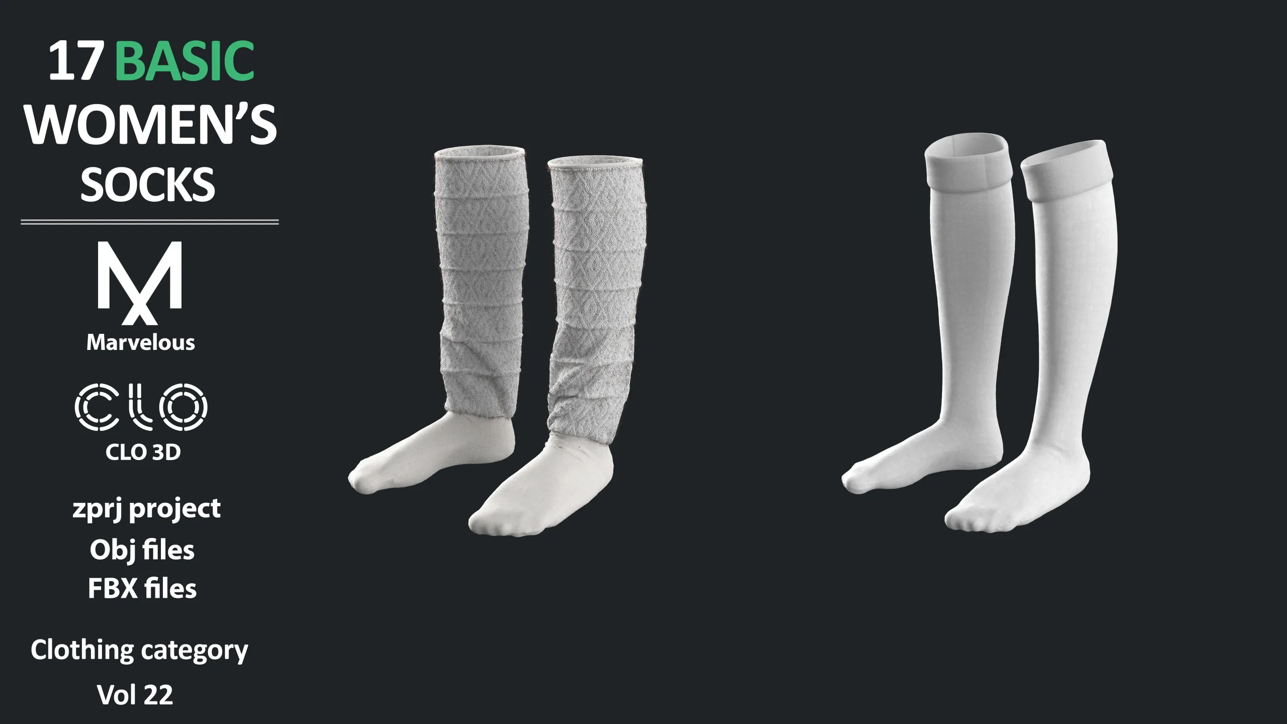 17 BASIC WOMEN'S SOCKS / ZPRJ + OBJ + FBX / Marvelous + Clo3D