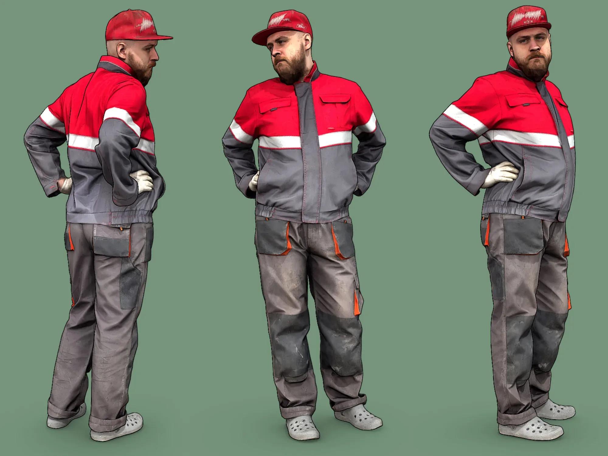 Bald Worker in Overalls and Red T-shirt model pack