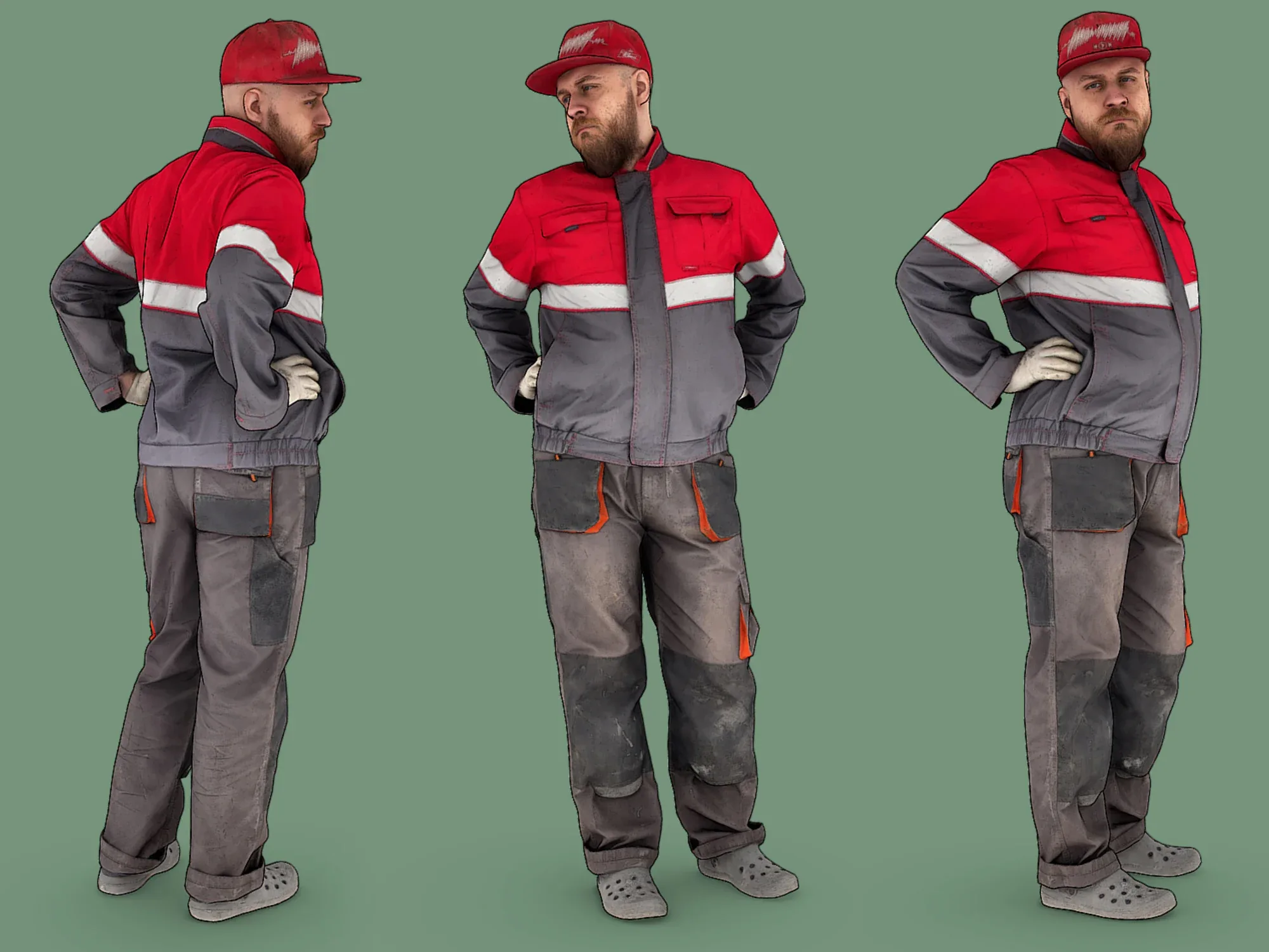 Bald Worker in Overalls and Red T-shirt model pack