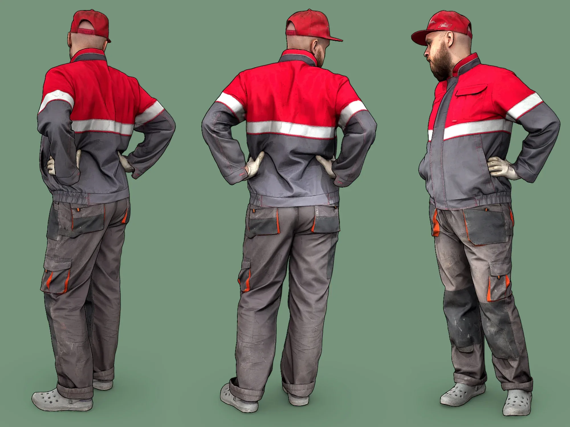 Bald Worker in Overalls and Red T-shirt model pack