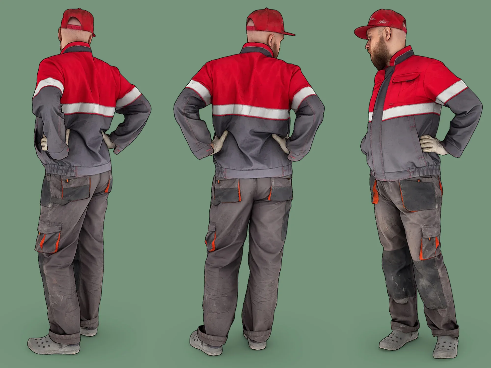 Bald Worker in Overalls and Red T-shirt model pack