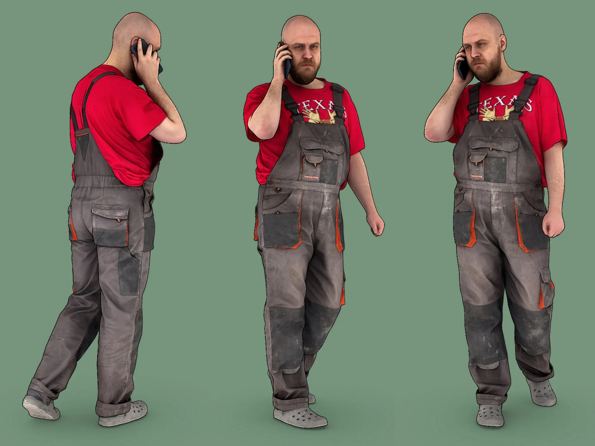 Bald Worker in Overalls and Red T-shirt model pack