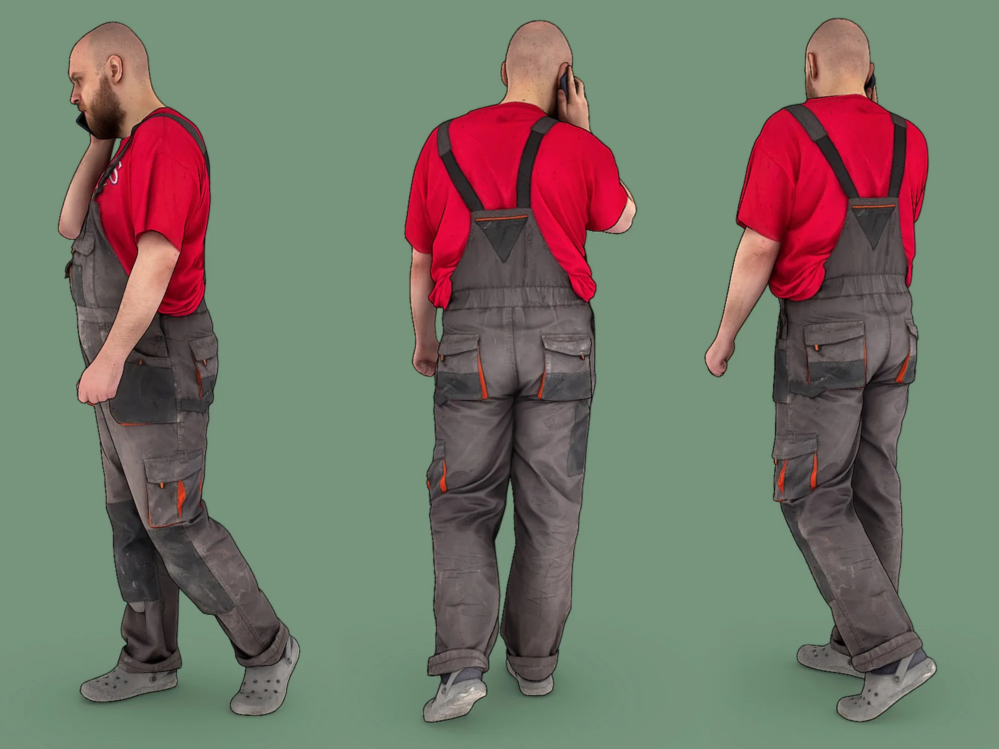 Bald Worker in Overalls and Red T-shirt model pack