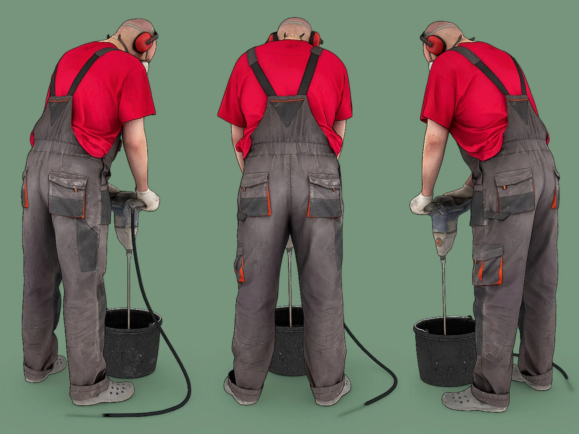 Bald Worker in Overalls and Red T-shirt model pack