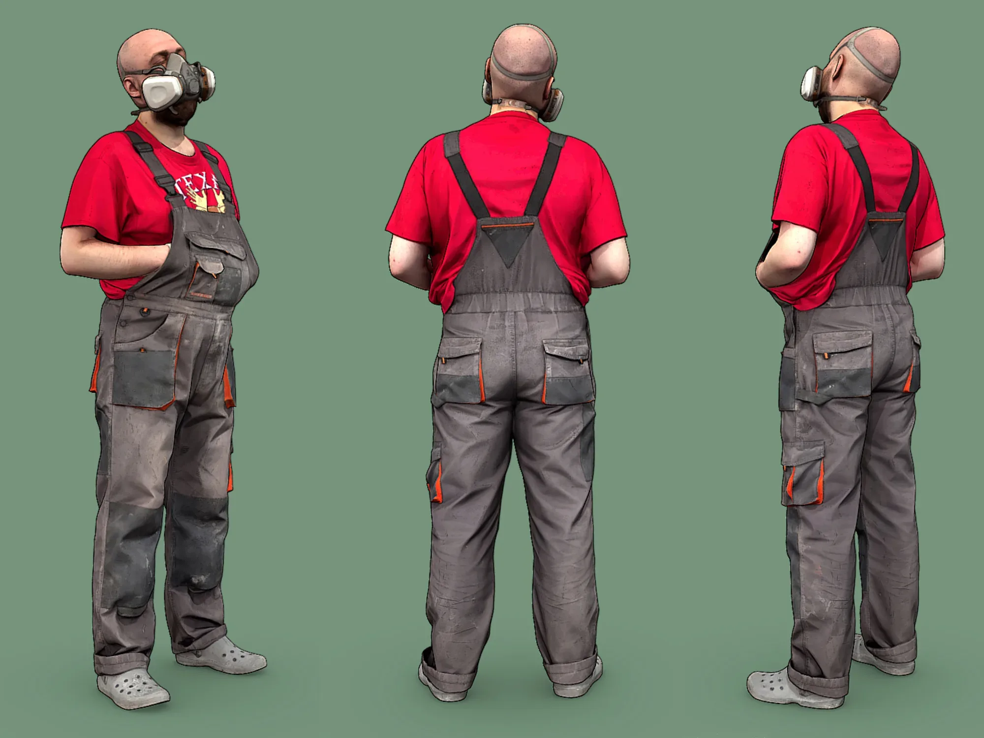 Bald Worker in Overalls and Red T-shirt model pack