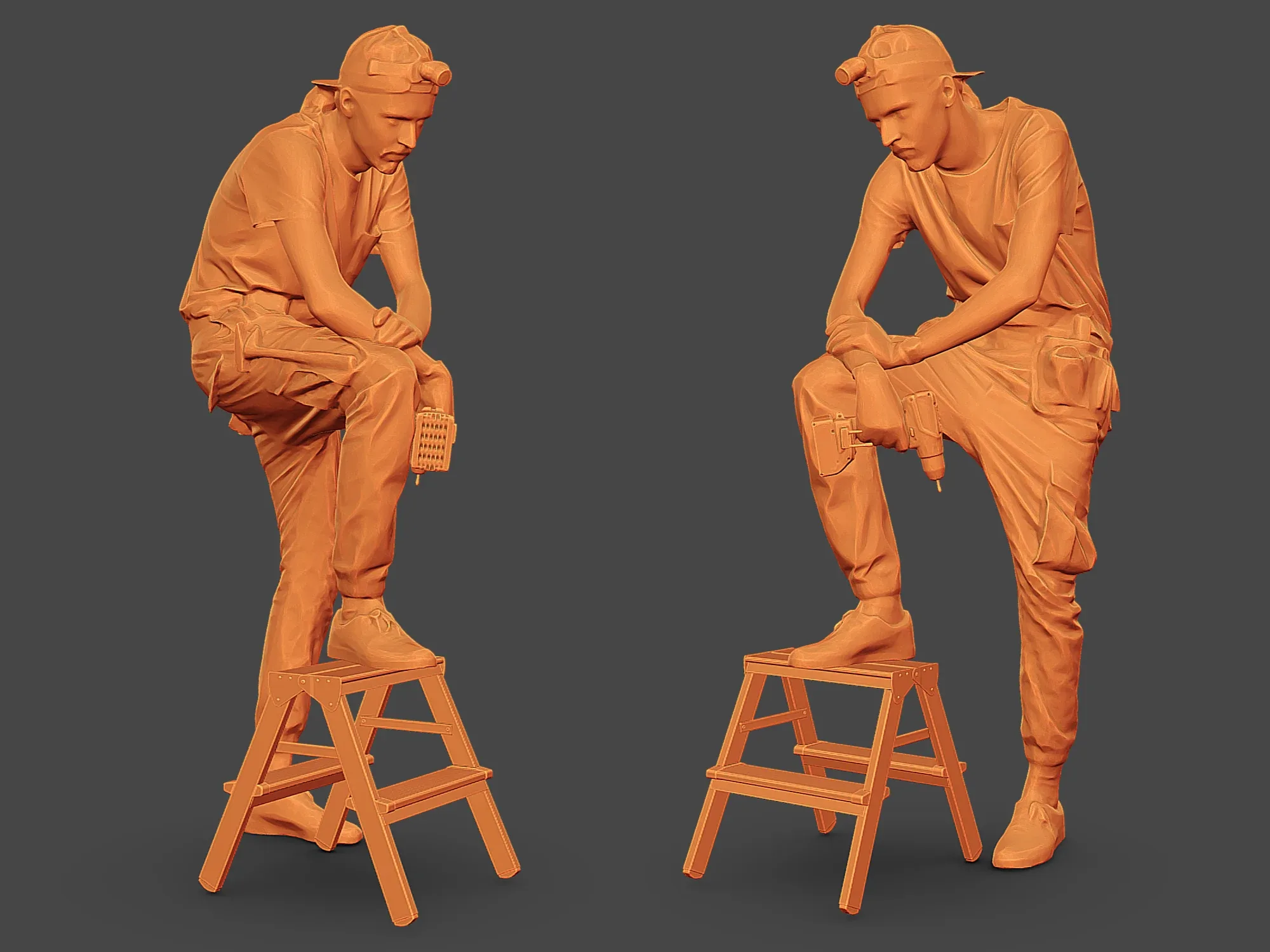 Worker in Gray Stands on a Stepladder model