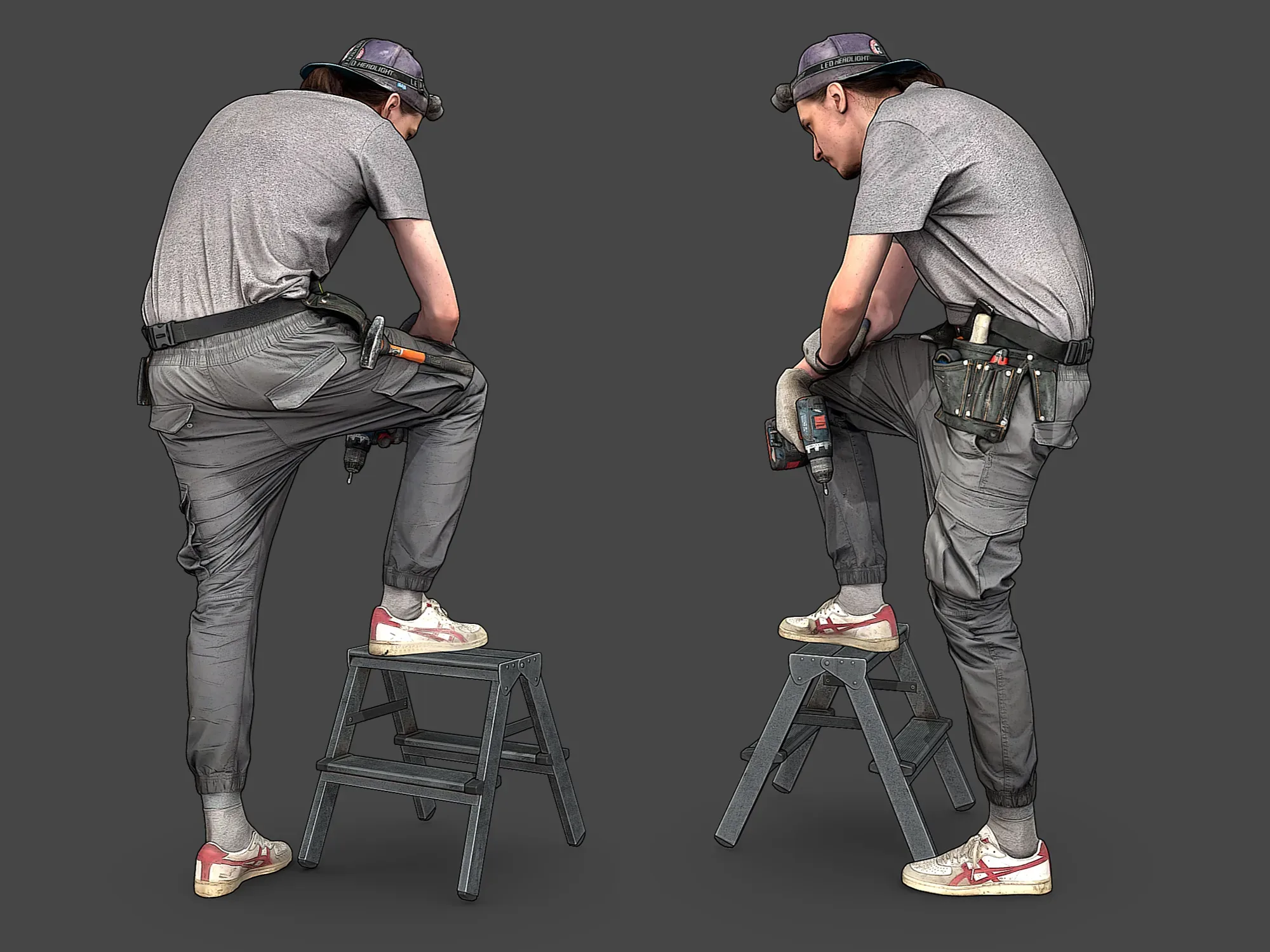 Worker in Gray Stands on a Stepladder model