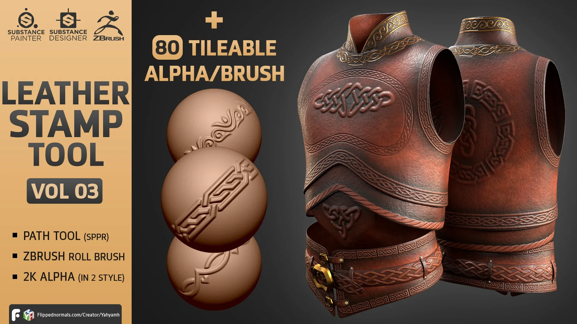 Leather Stamp Tool + 80 Tileable ZBrush Roll Brush + 80 Unique Tileable Alpha (in 2 Style) - Leather Big Bundle VOL 03