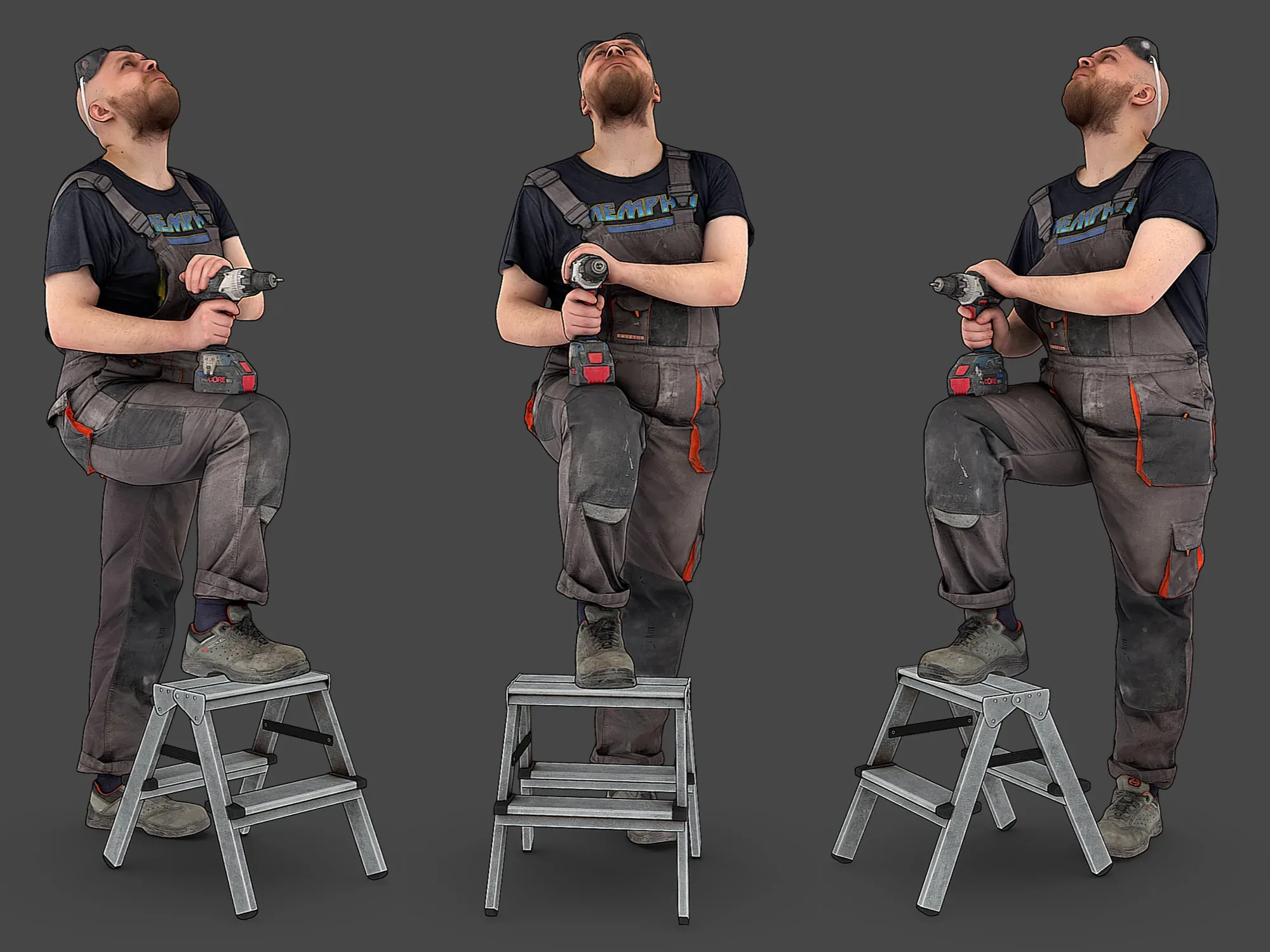 Bald Worker Steps on Stepladder model