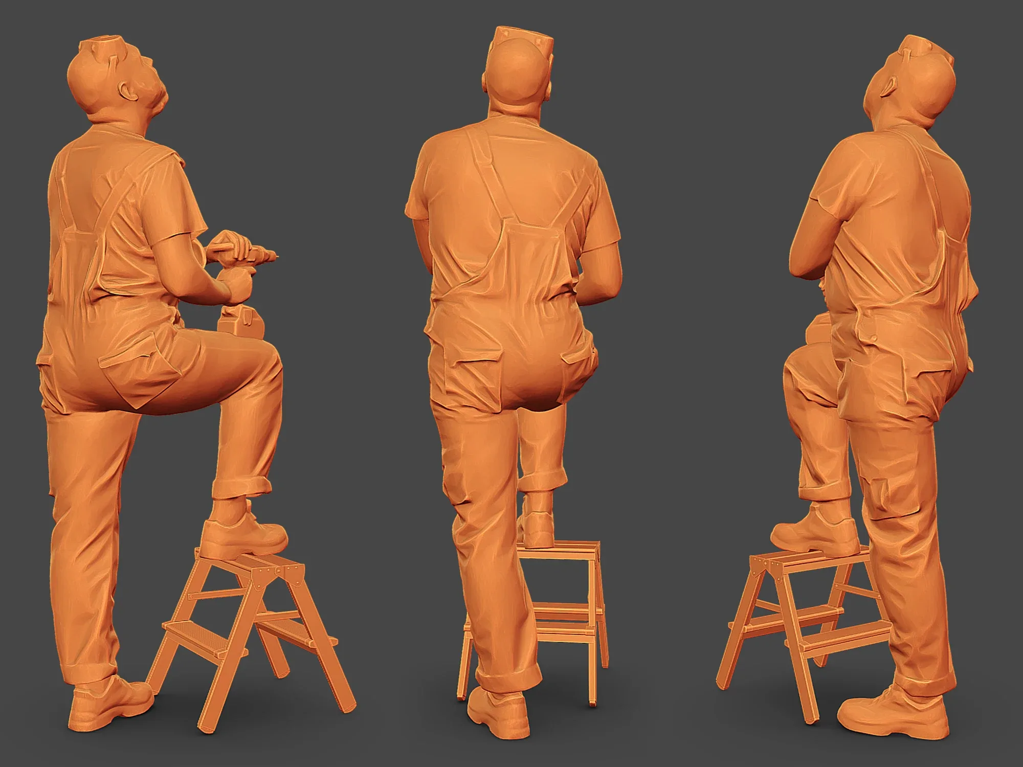 Bald Worker Steps on Stepladder model