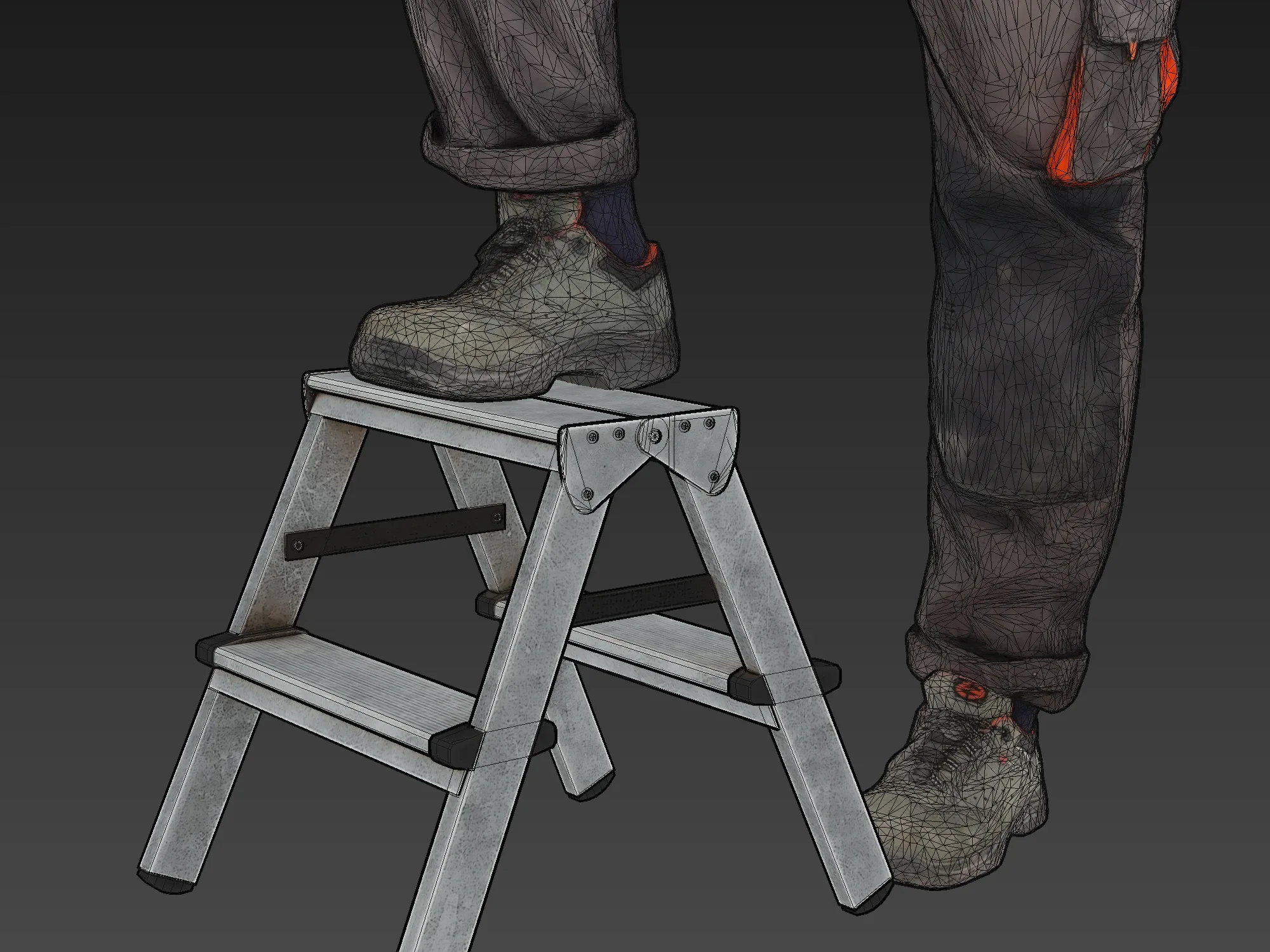 Bald Worker Steps on Stepladder model