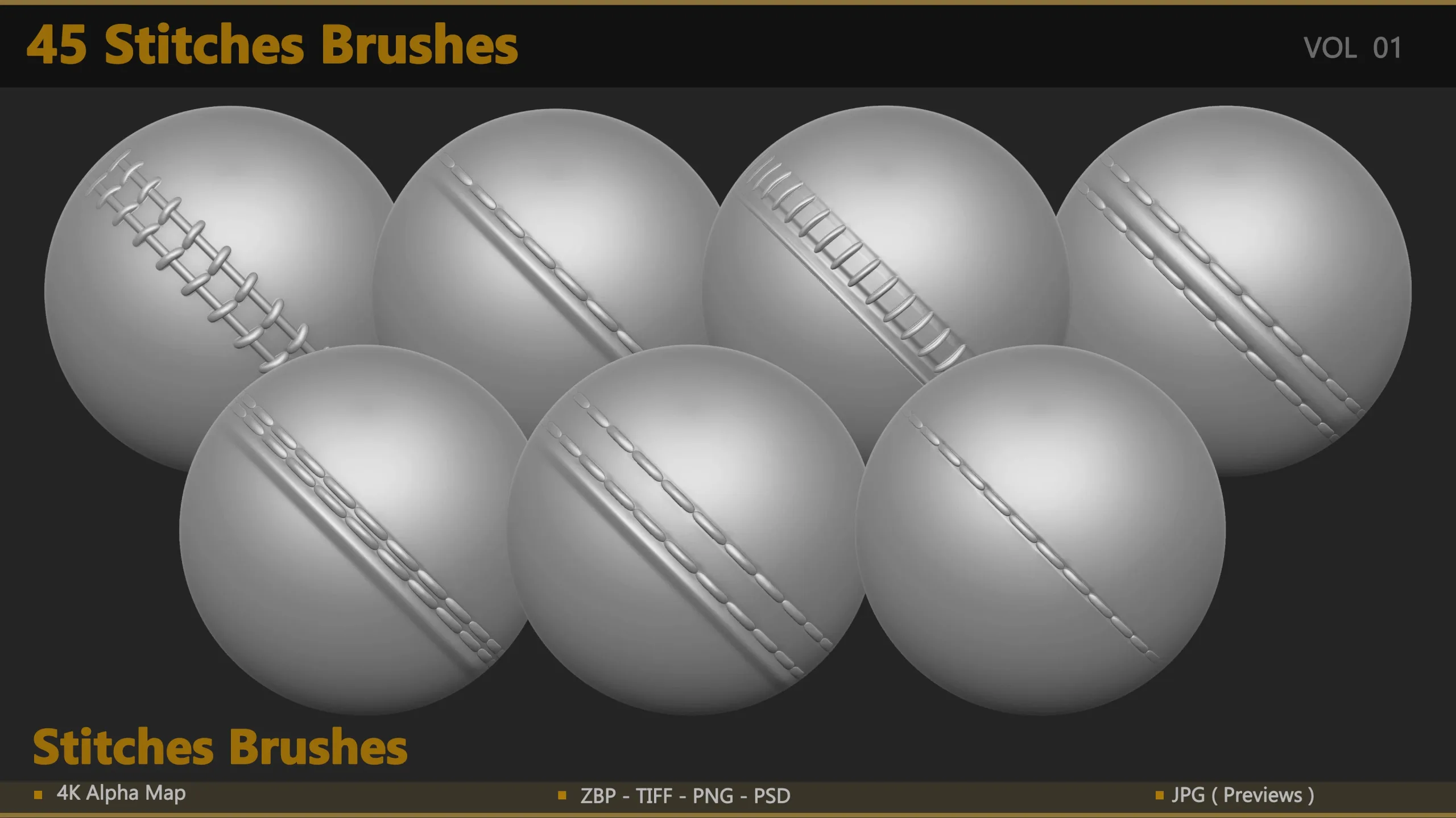 45 Seam & Stitch Brushes & Alpha (Tileable 4k-16bit)