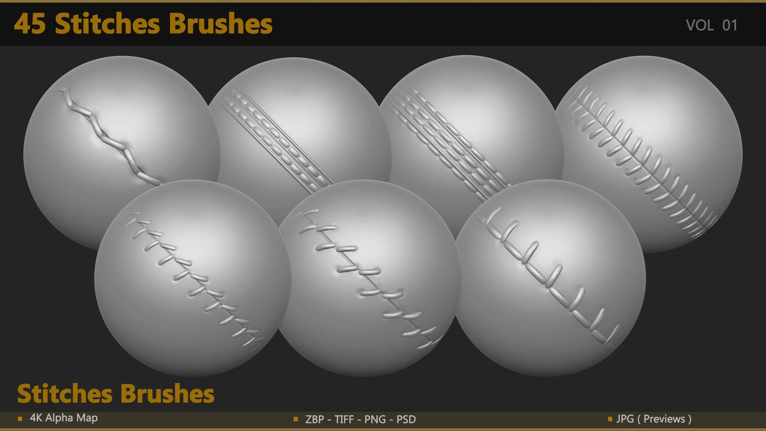 45 Seam & Stitch Brushes & Alpha (Tileable 4k-16bit)